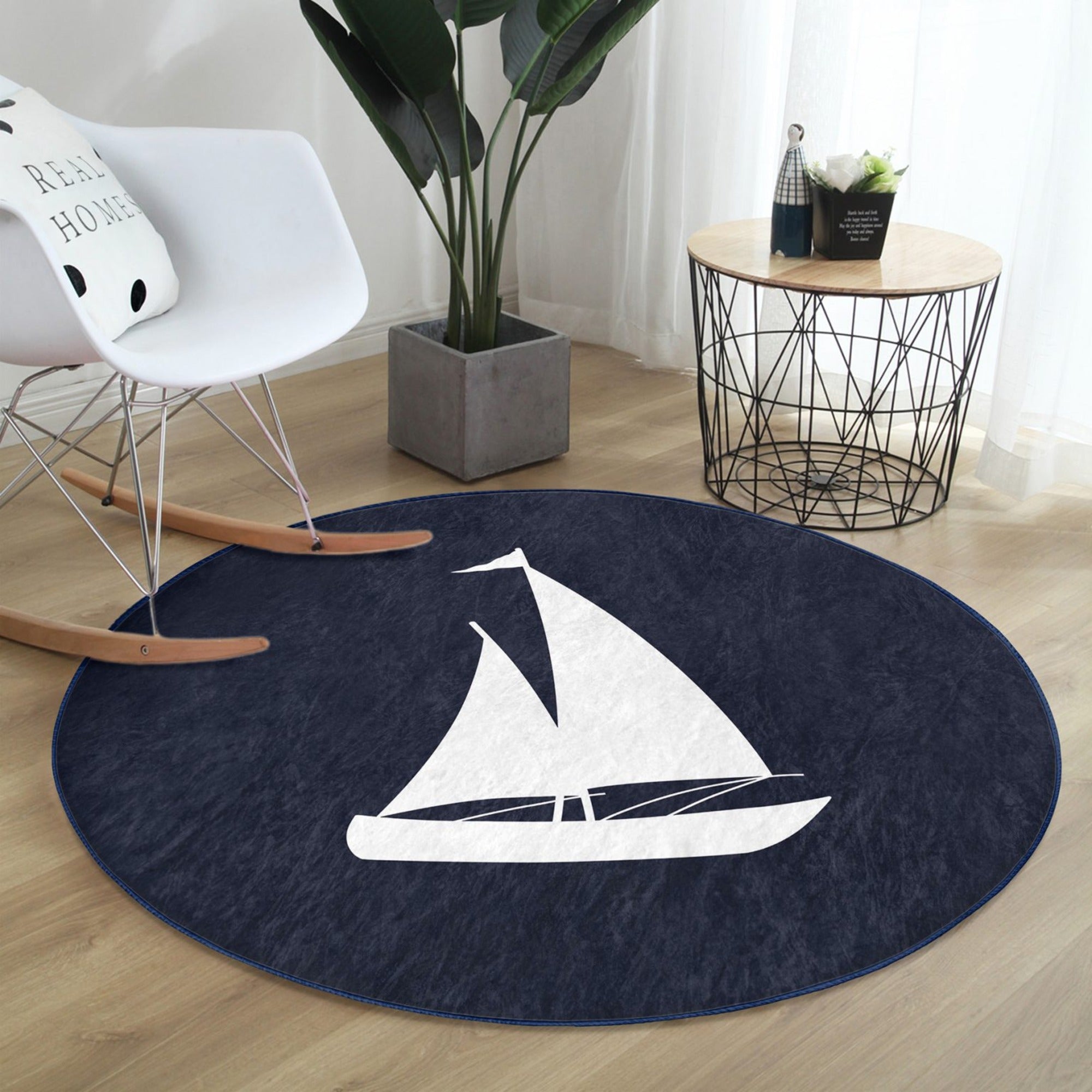 Sailboat patterned round rug featuring a vibrant marine design, non-slip backing, and soft velvet fabric, perfect for home decor.