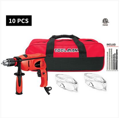 1/2 inch Electric Power Impact Drill Driver with accessories including drill bits and safety goggles, showcasing its robust design and features.