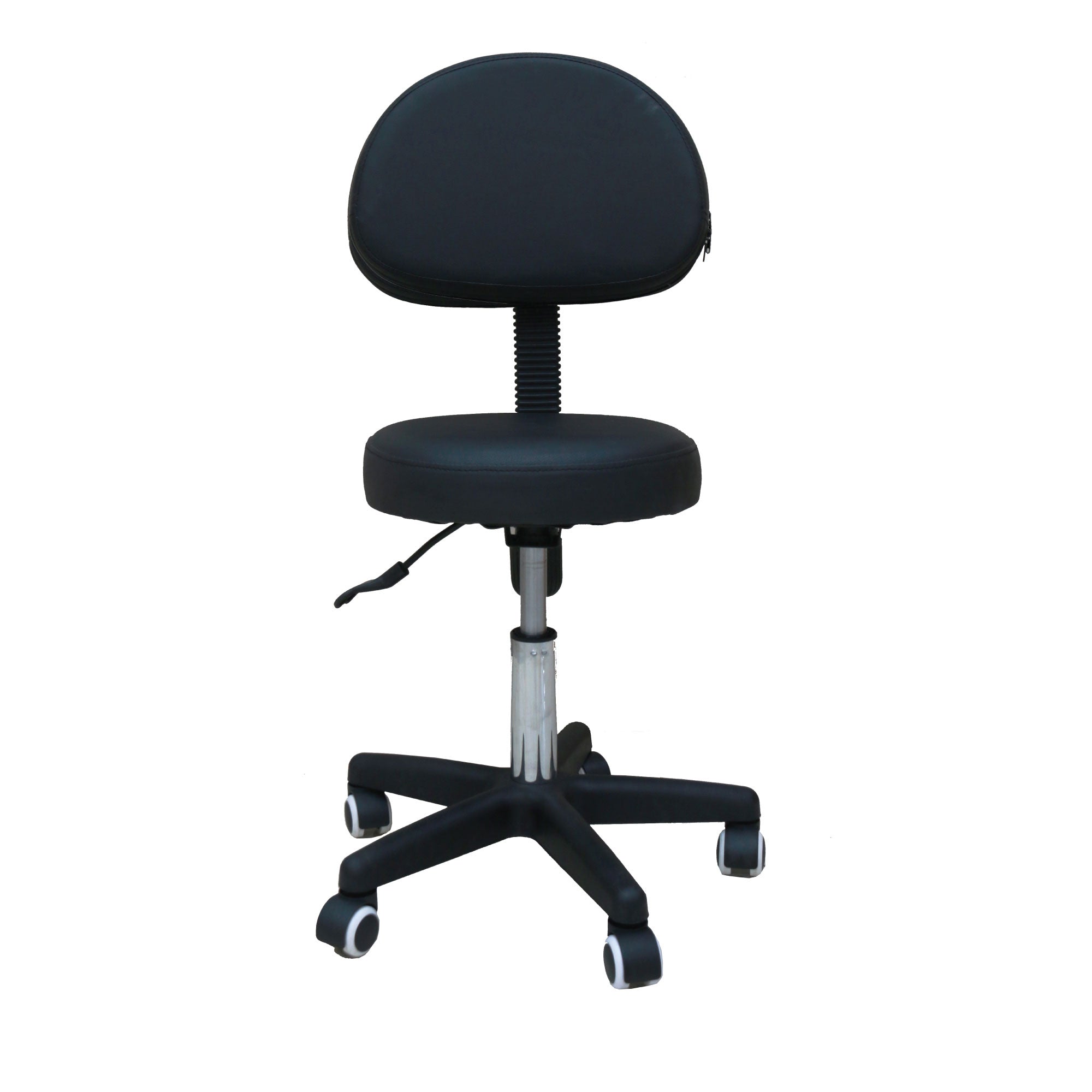 Adjustable salon stool with backrest, featuring a sleek chrome finish and soft PU leather upholstery, ideal for beauty and hairdressing professionals.