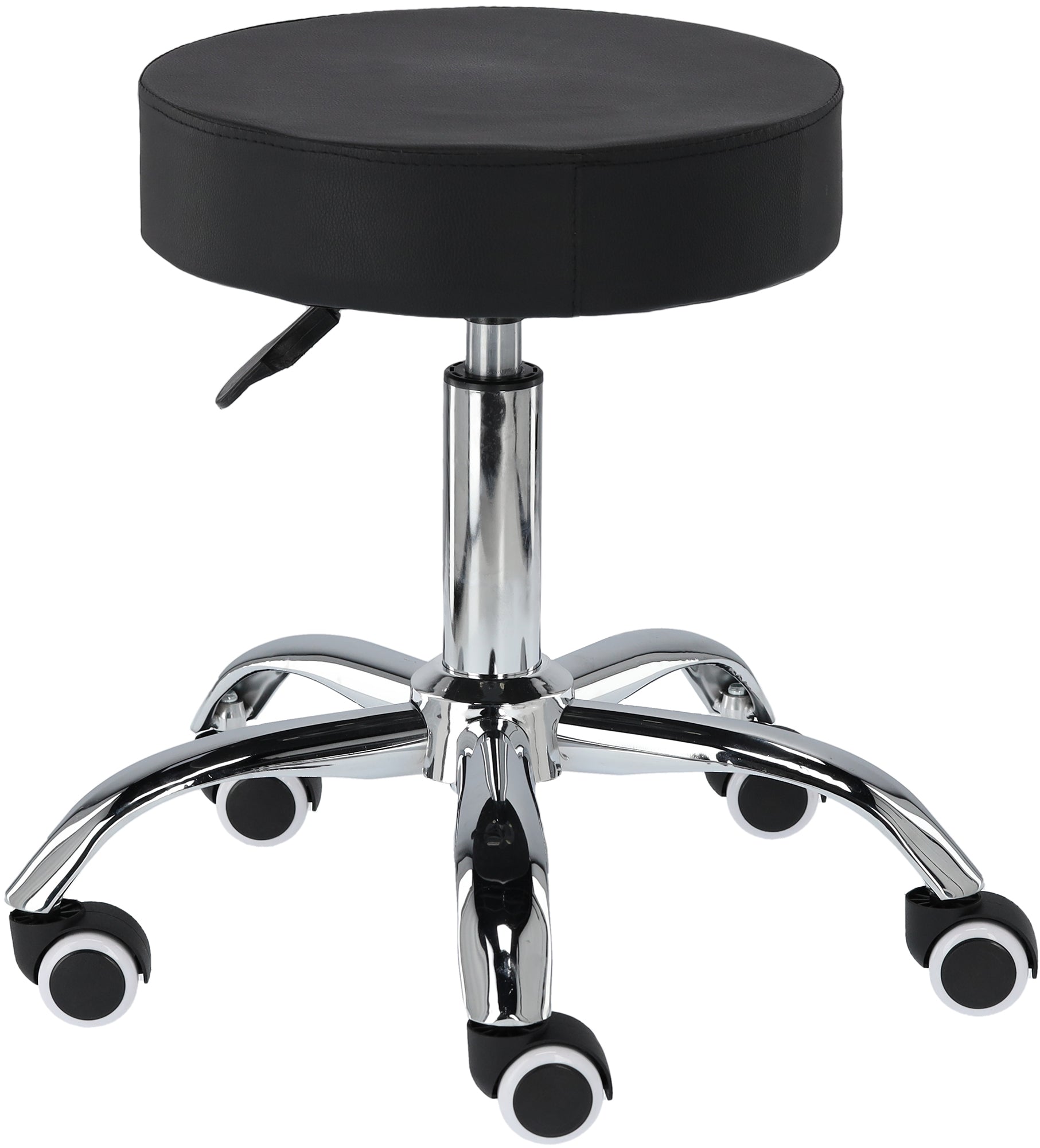 Adjustable swivel salon stool with PU leather cushion and chrome finish, designed for beauty salons and pedicure services.