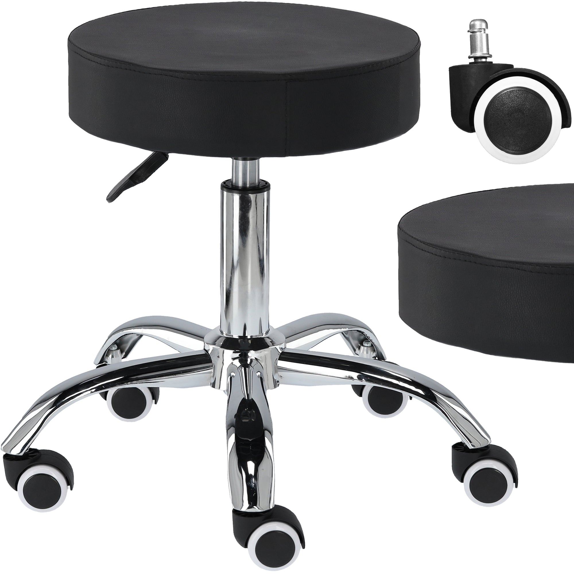 Adjustable swivel salon stool with PU leather cushion and chrome finish, designed for beauty salons and pedicure services.