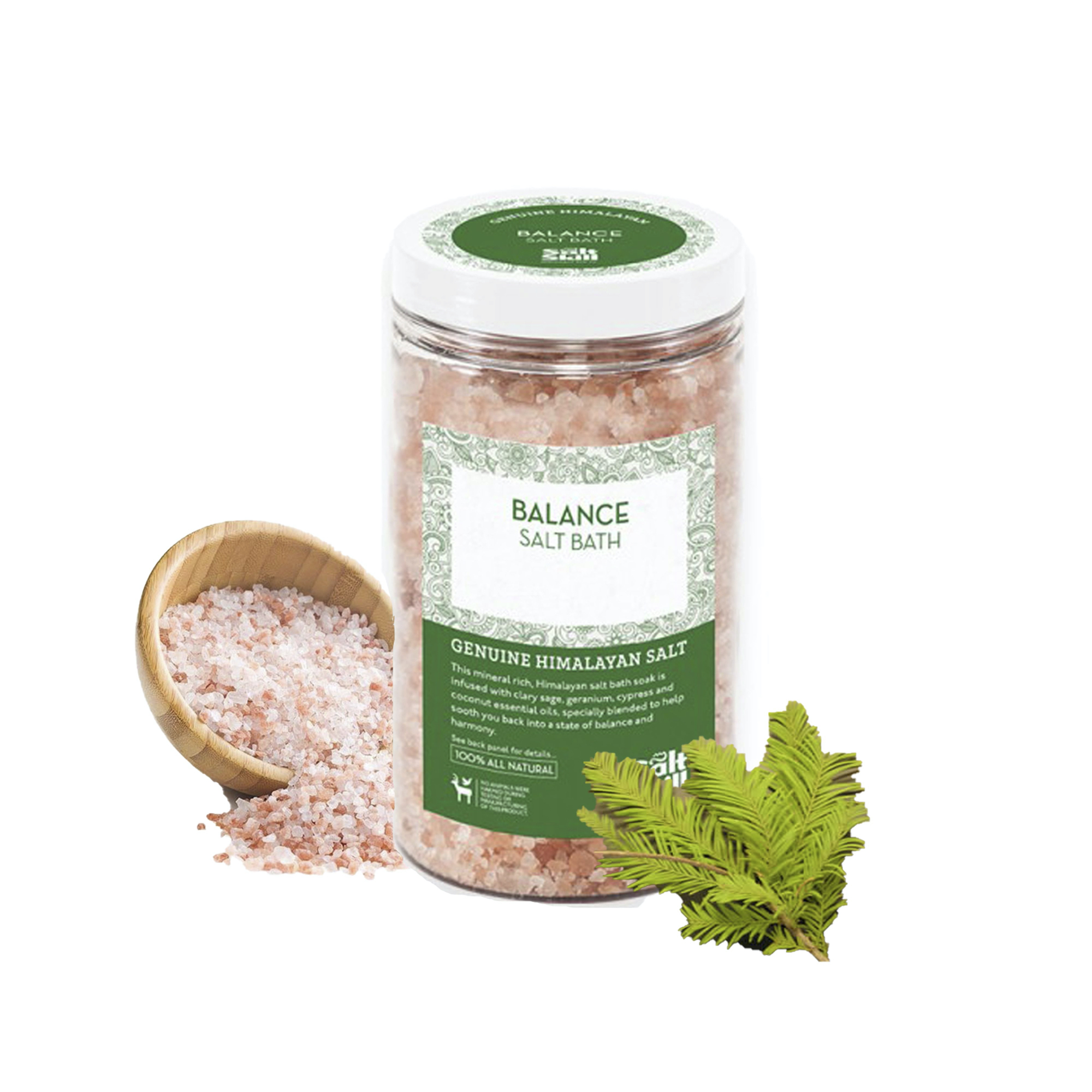 A 32 OZ package of Salt Skill Natural Himalayan Soaking Bath Salts, featuring a serene design with Himalayan mountains in the background, showcasing the product's natural essence.