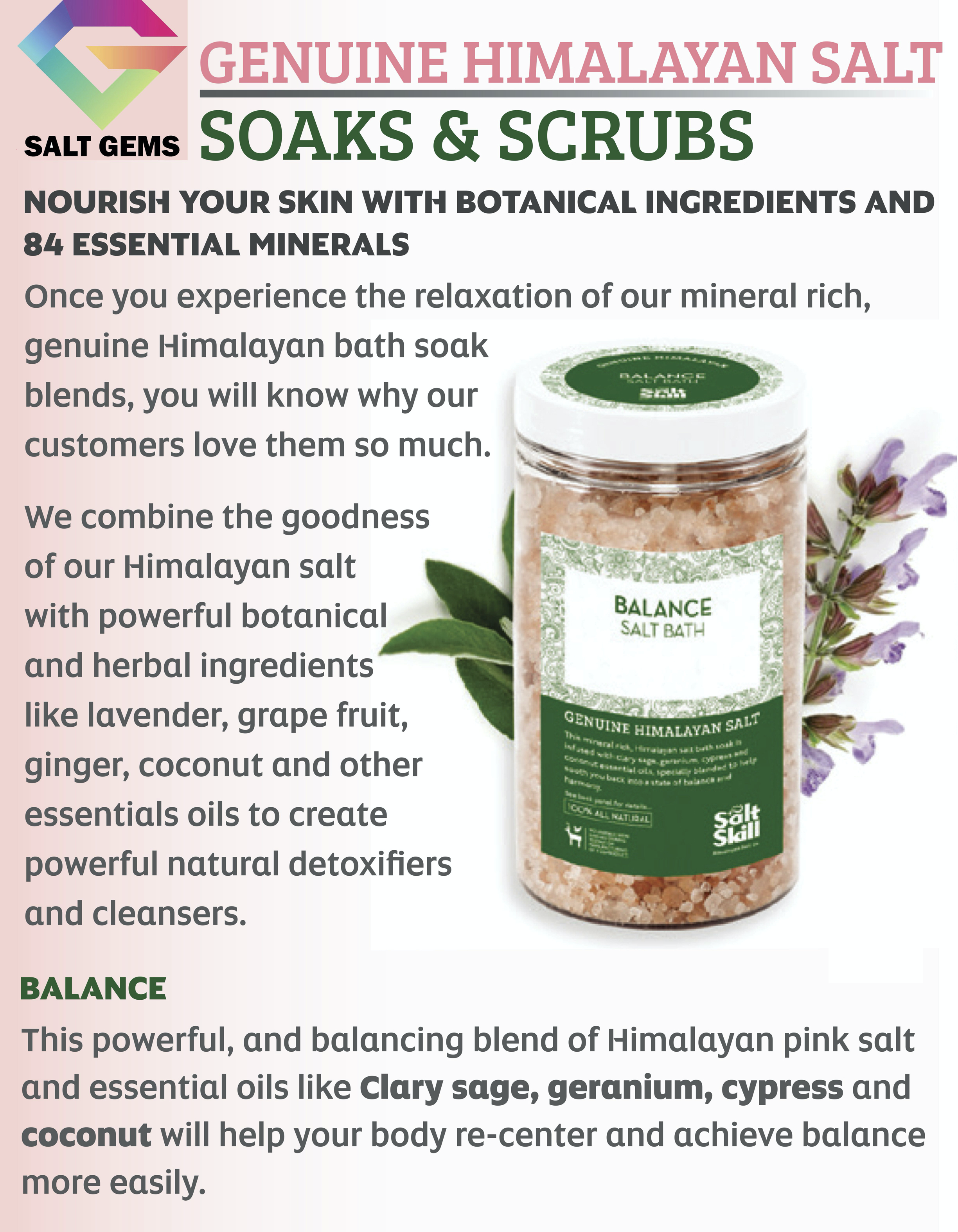 A 32 OZ package of Salt Skill Natural Himalayan Soaking Bath Salts, featuring a serene design with Himalayan mountains in the background, showcasing the product's natural essence.