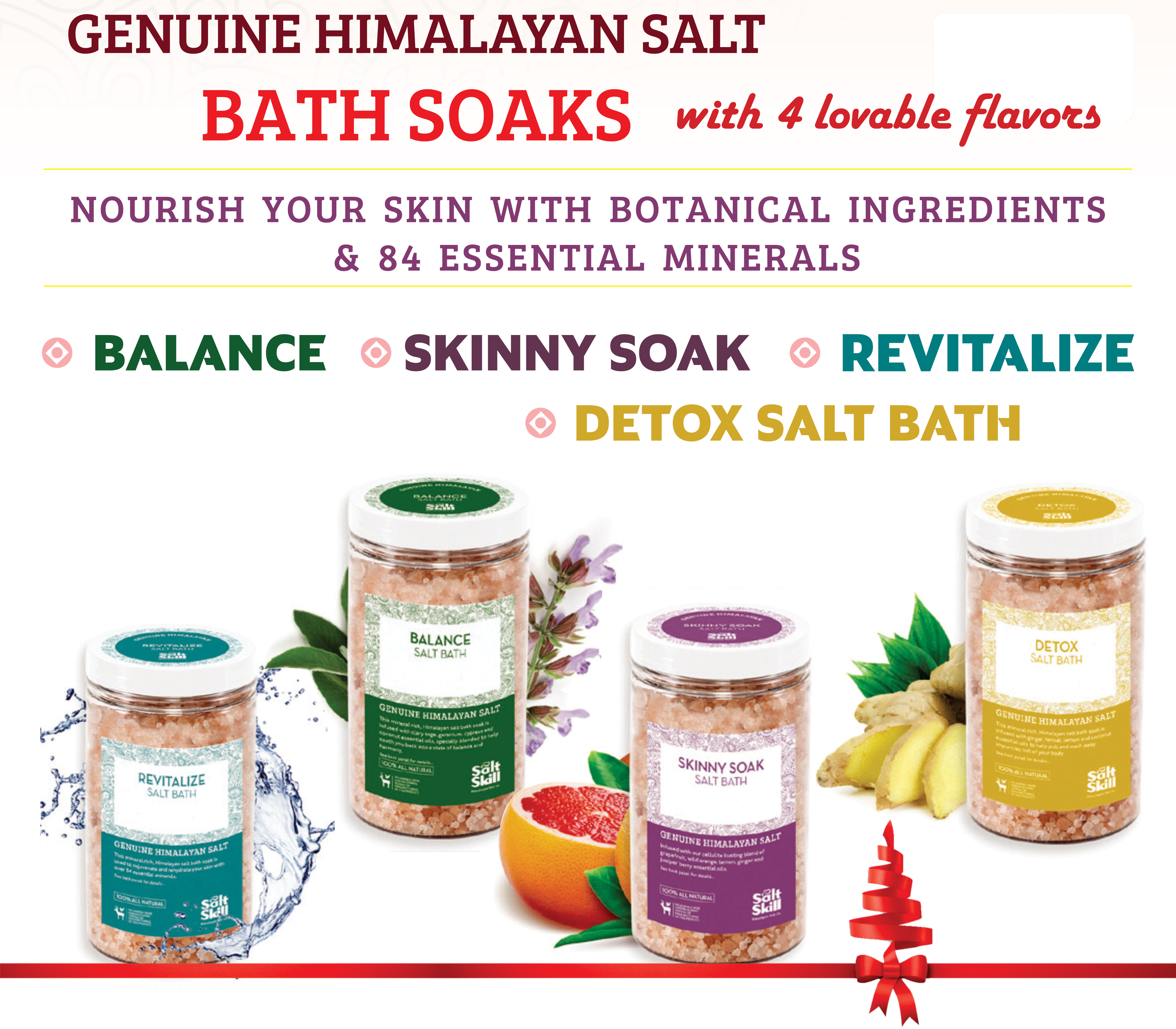 A 32 OZ package of Salt Skill Natural Himalayan Soaking Bath Salts, featuring a serene design with Himalayan mountains in the background, showcasing the product's natural essence.