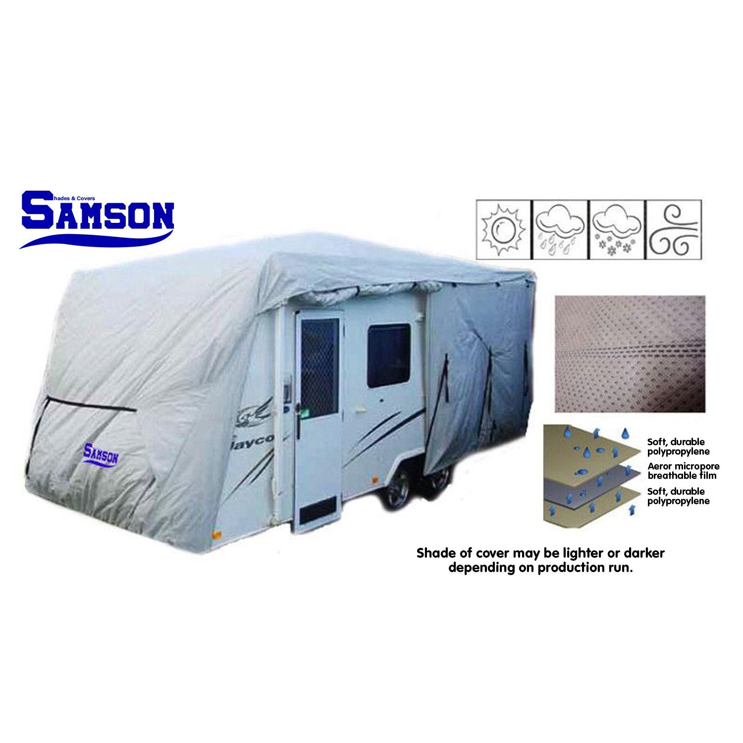 Samson Heavy Duty Caravan Cover for 16-18ft caravans, showcasing its durable design and features.