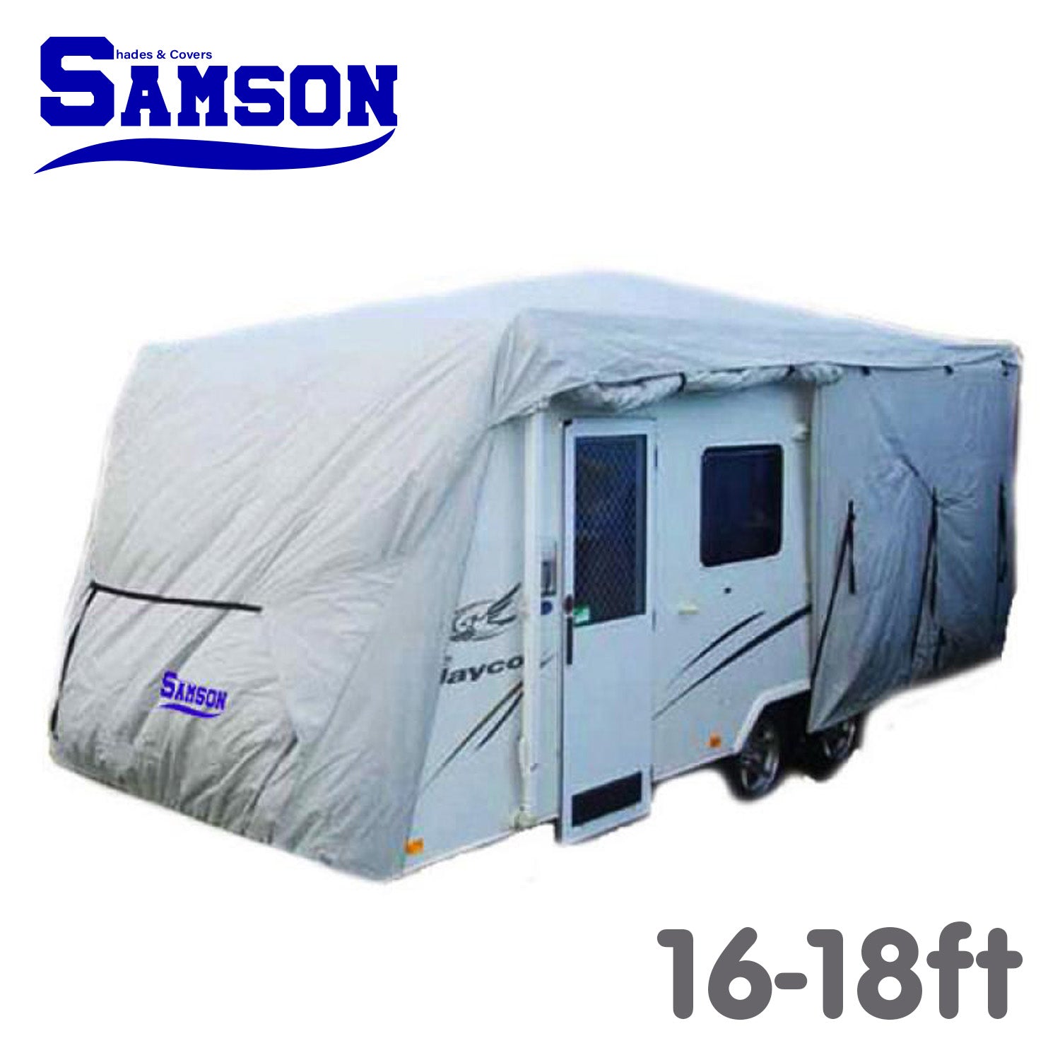 Samson Heavy Duty Caravan Cover for 16-18ft caravans, showcasing its durable design and features.