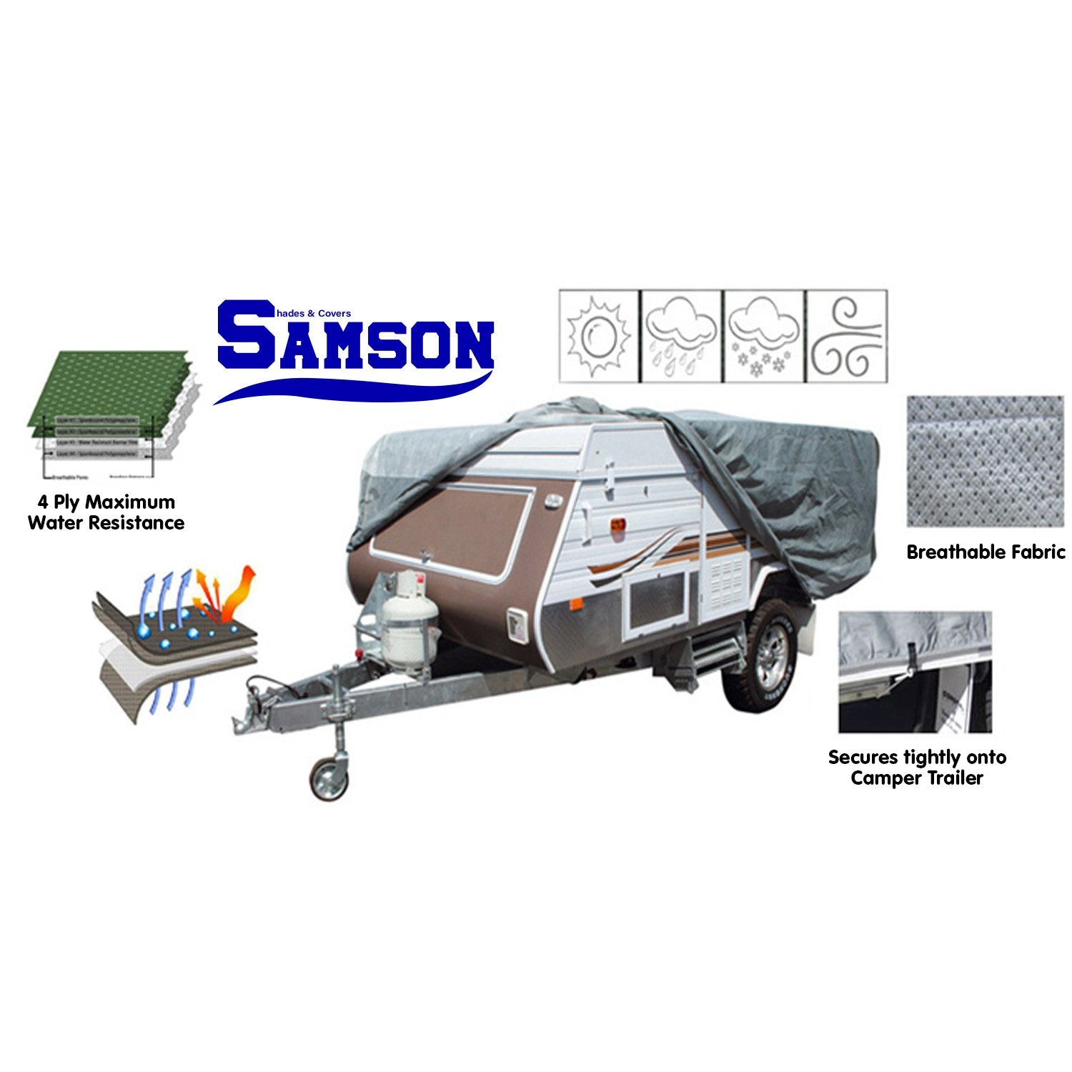 Samson Heavy Duty Trailer Camper Cover for 12-14ft trailers, showcasing its durable waterproof material and adjustable straps.