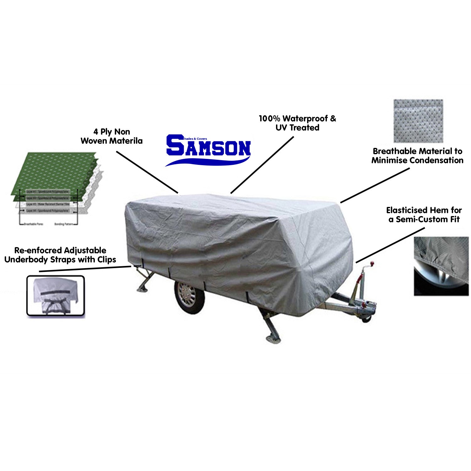 Samson Heavy Duty Trailer Camper Cover for 12-14ft trailers, showcasing its durable waterproof material and adjustable straps.