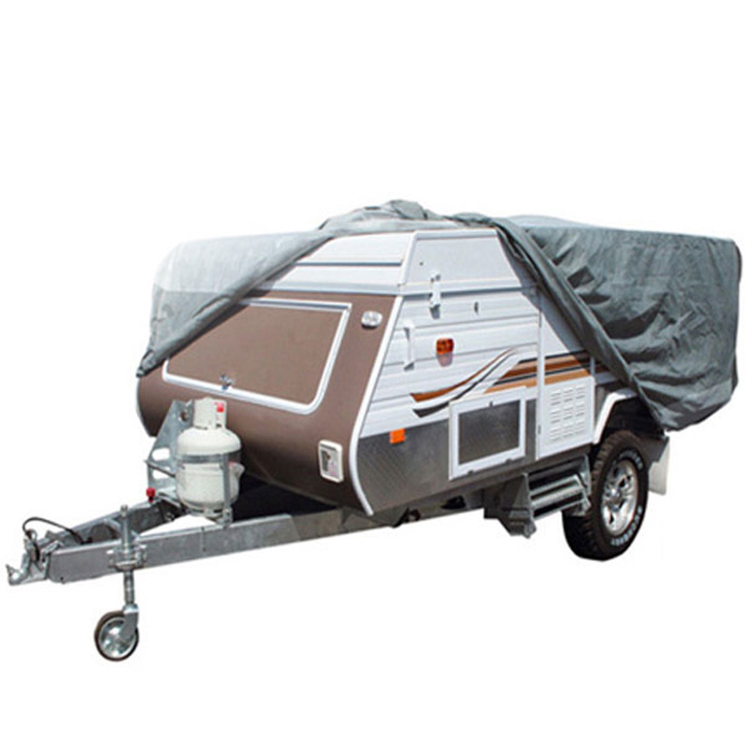 Samson Heavy Duty Trailer Camper Cover for 12-14ft trailers, showcasing its durable waterproof material and adjustable straps.