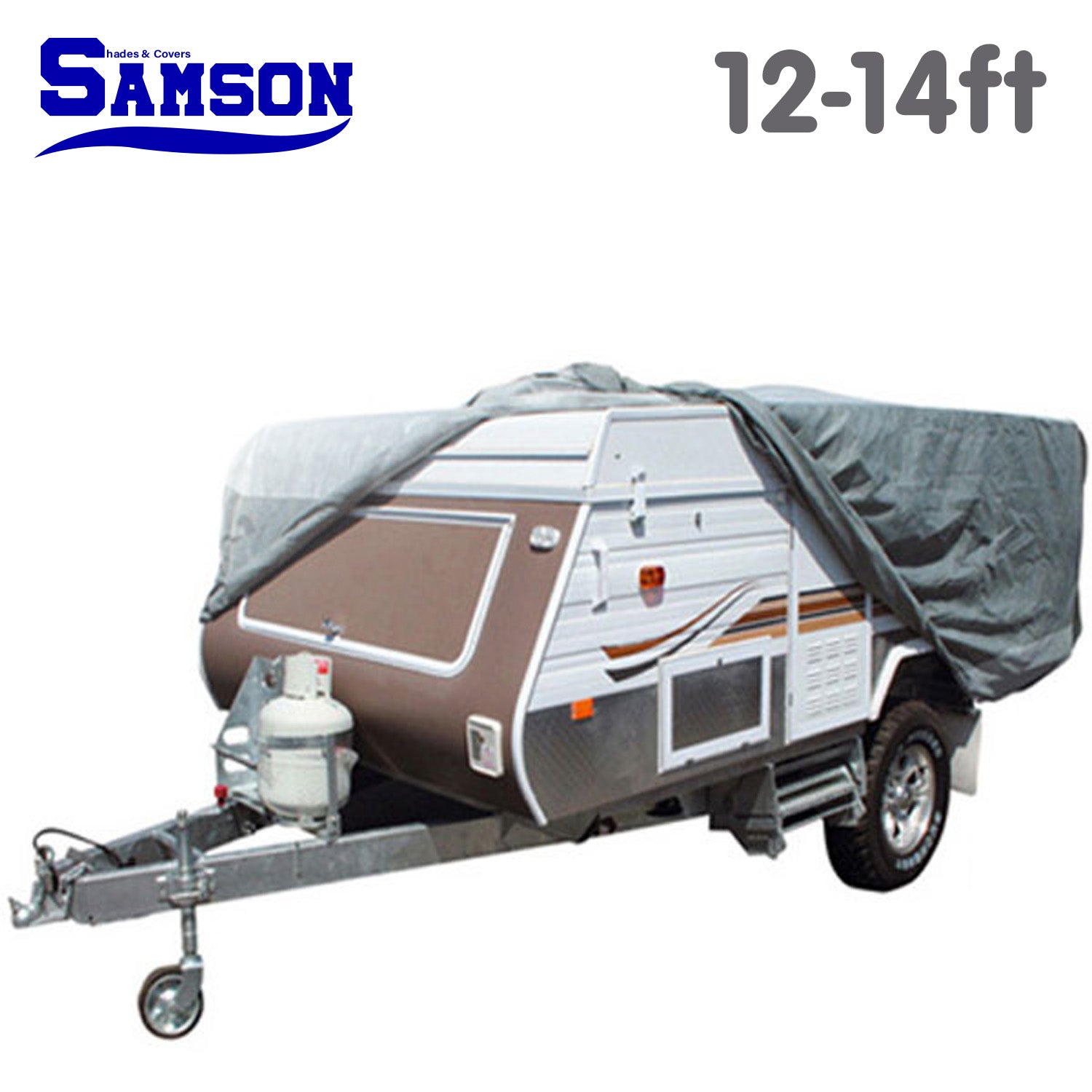 Samson Heavy Duty Trailer Camper Cover for 12-14ft trailers, showcasing its durable waterproof material and adjustable straps.