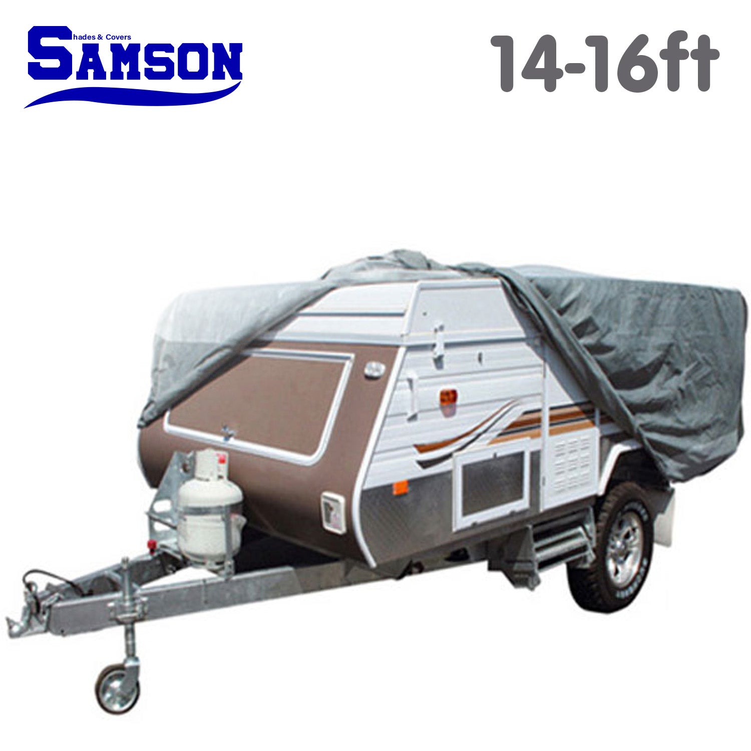 Samson Heavy Duty Trailer Camper Cover for 14-16ft trailers, showcasing its durable waterproof material and adjustable straps.