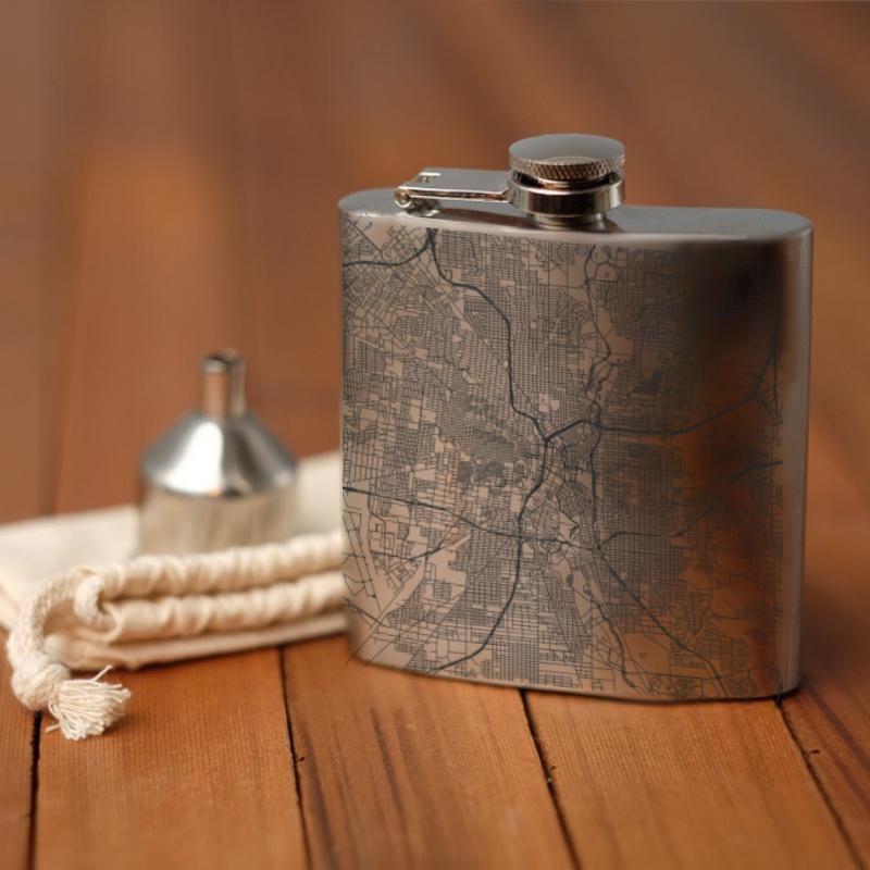 Custom engraved San Antonio Texas map on a 6oz hip flask with a funnel and canvas bag.