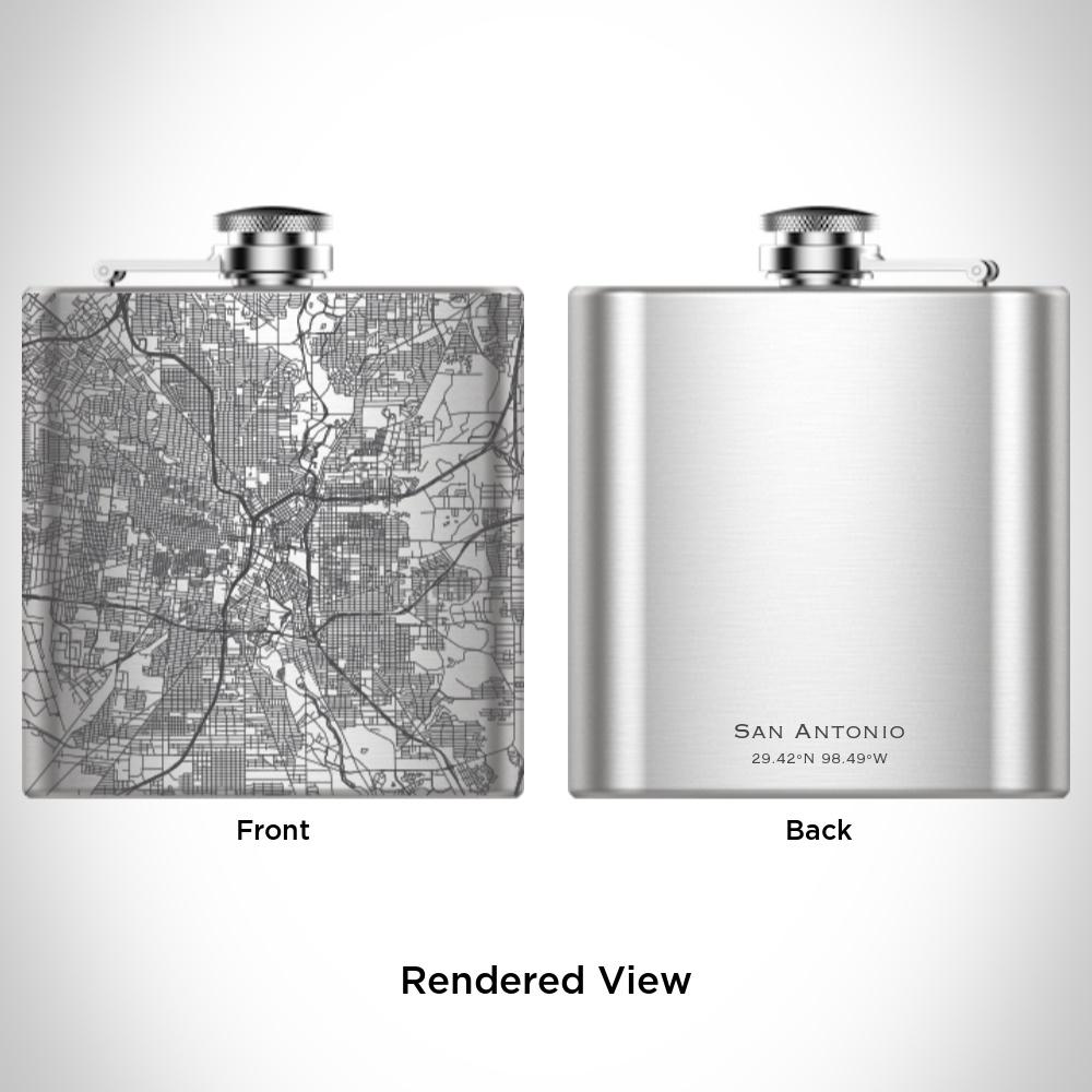 Custom engraved San Antonio Texas map on a 6oz hip flask with a funnel and canvas bag.