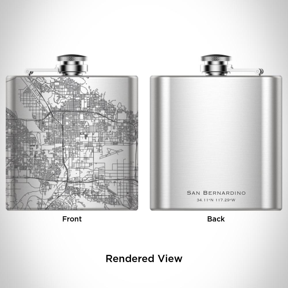 Custom engraved San Bernardino map hip flask with funnel and canvas bag.