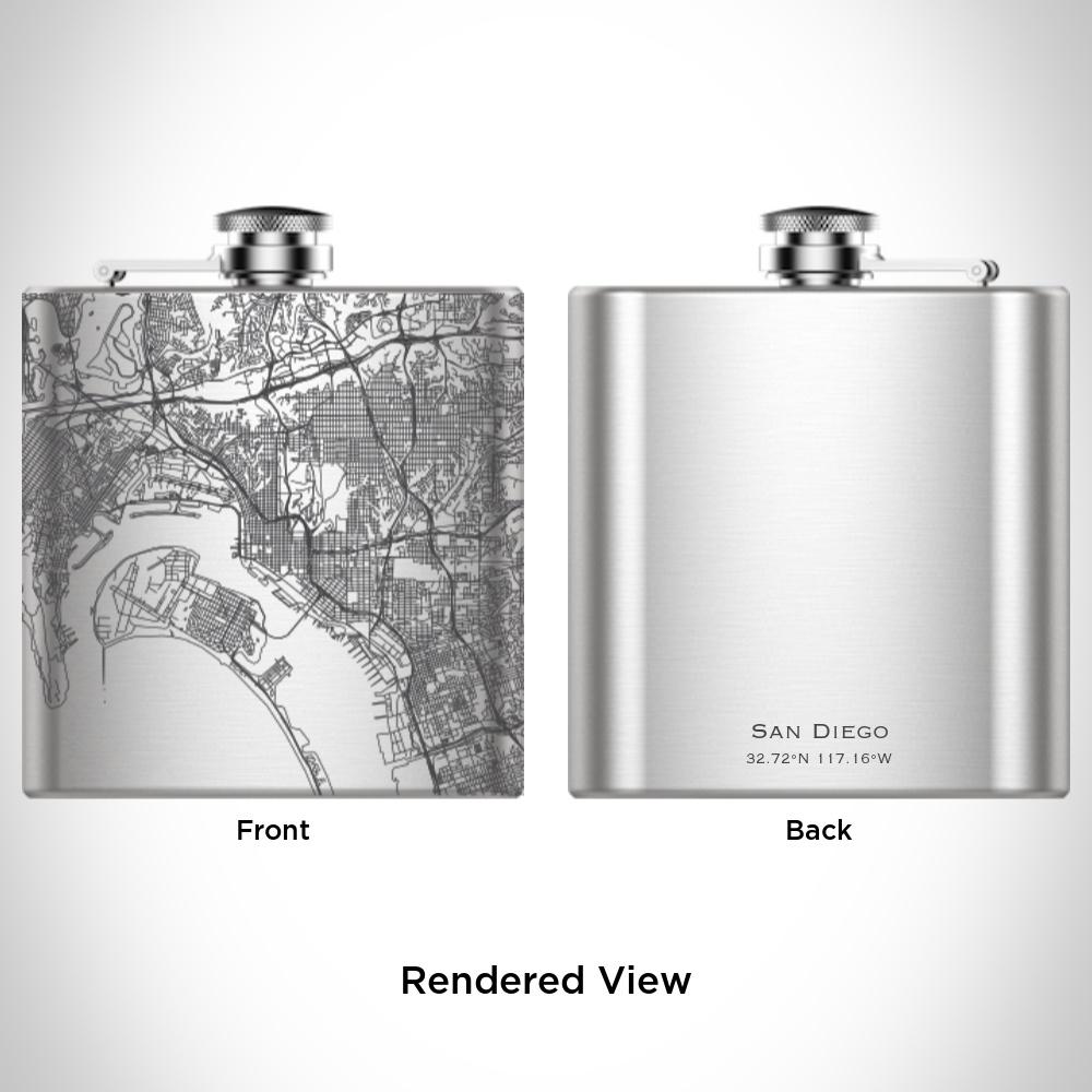 Custom engraved San Diego map on a 6oz hip flask with a funnel and canvas bag.