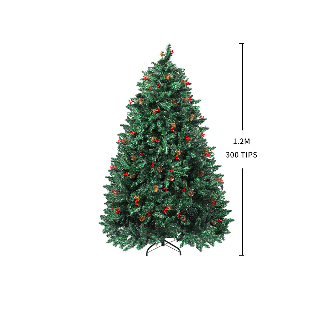 Santaco 1.2M Christmas Tree decorated with pinecones and berries, showcasing realistic PVC foliage and a stable steel base.