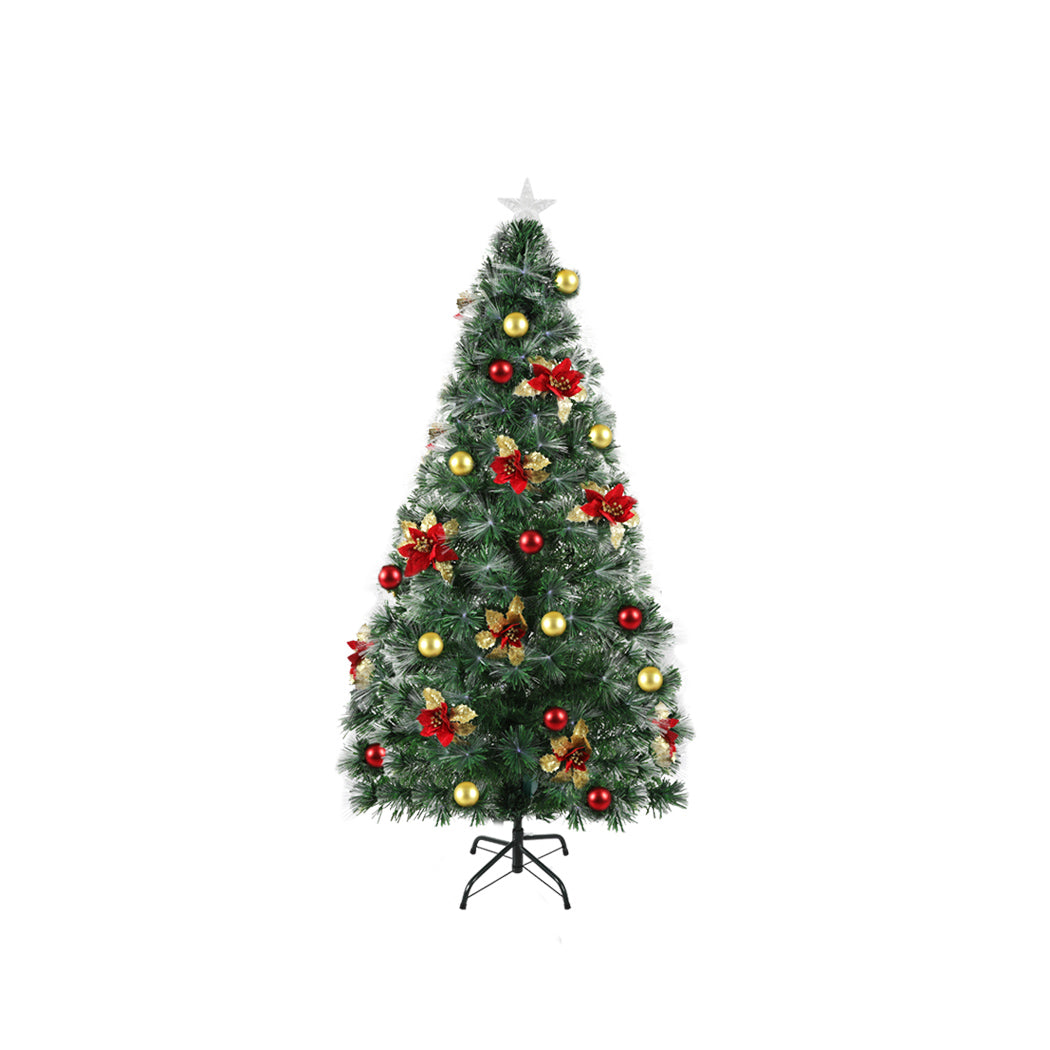 Santaco Christmas Tree 1.2M with fibre optic lights, featuring realistic PVC pine needles and a stable steel base, decorated with ornaments.