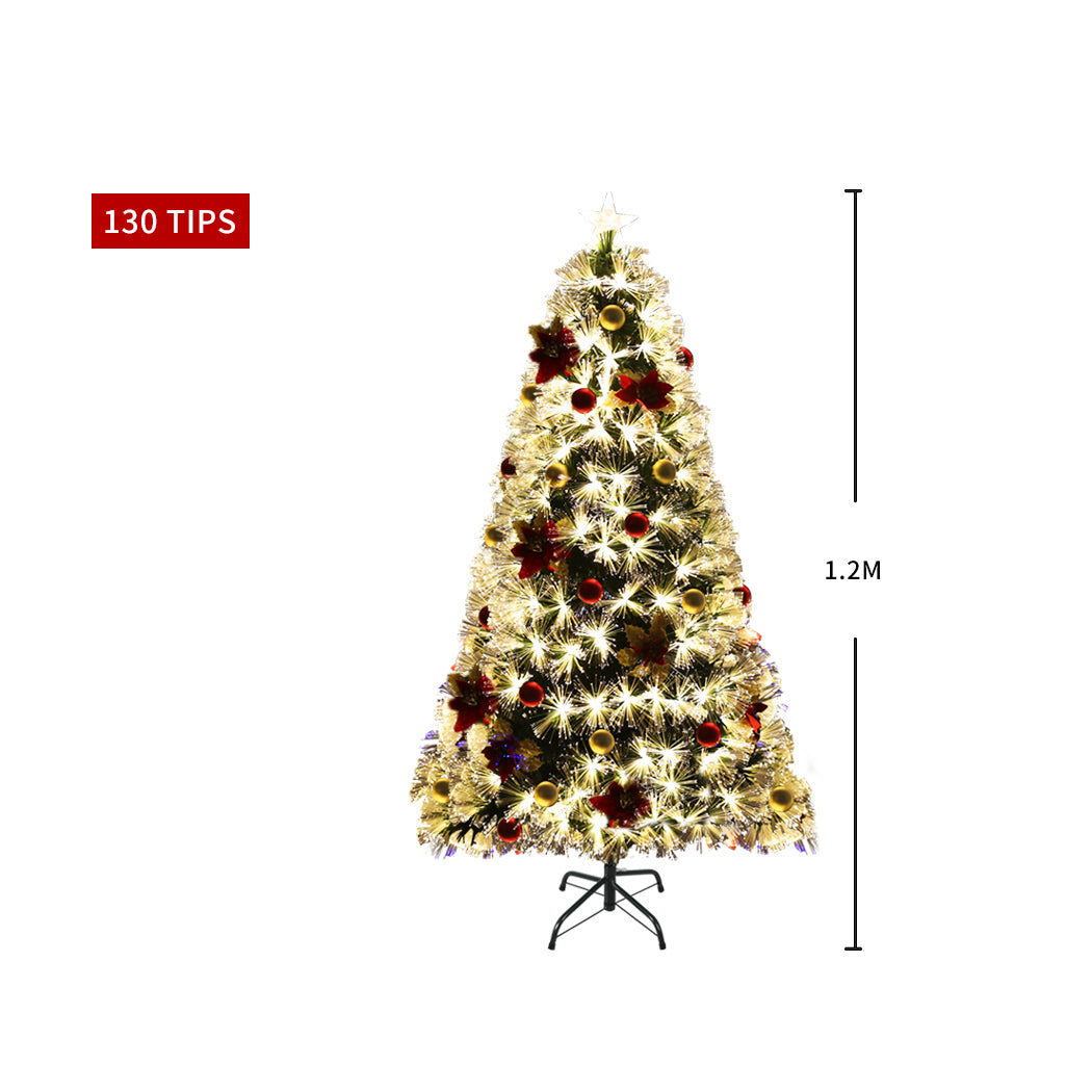 Santaco Christmas Tree 1.2M with fibre optic lights, featuring realistic PVC pine needles and a stable steel base, decorated with ornaments.