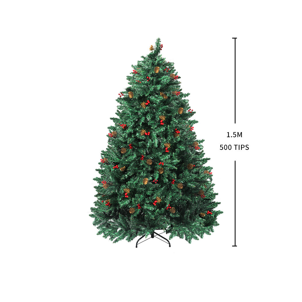 Santaco 1.5M Christmas Tree decorated with pinecones and berries, showcasing realistic foliage and a stable steel base.