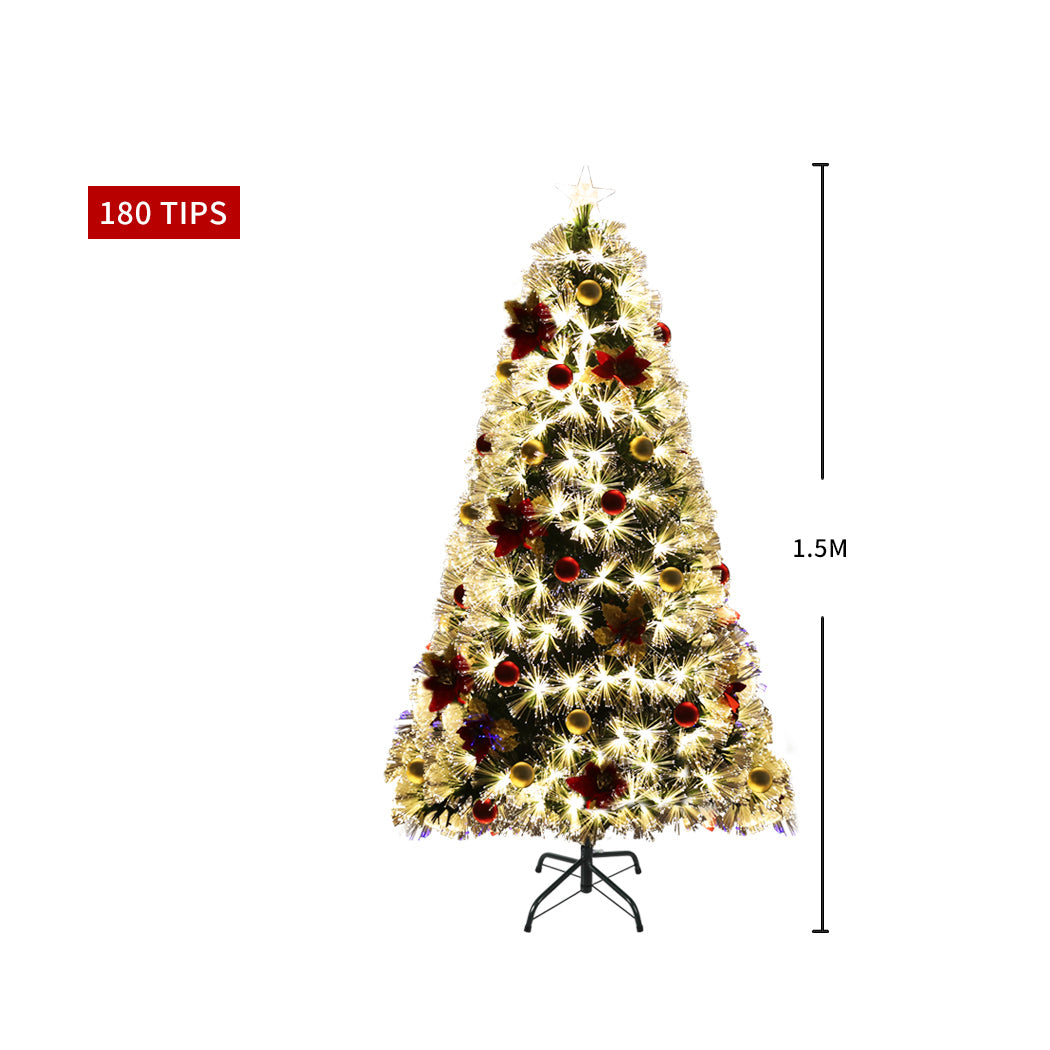 Santaco 1.5M Christmas Tree with fibre optic lights and realistic foliage, decorated with ornaments.