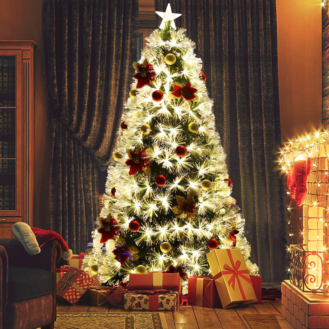 Santaco 1.5M Christmas Tree with fibre optic lights and realistic foliage, decorated with ornaments.