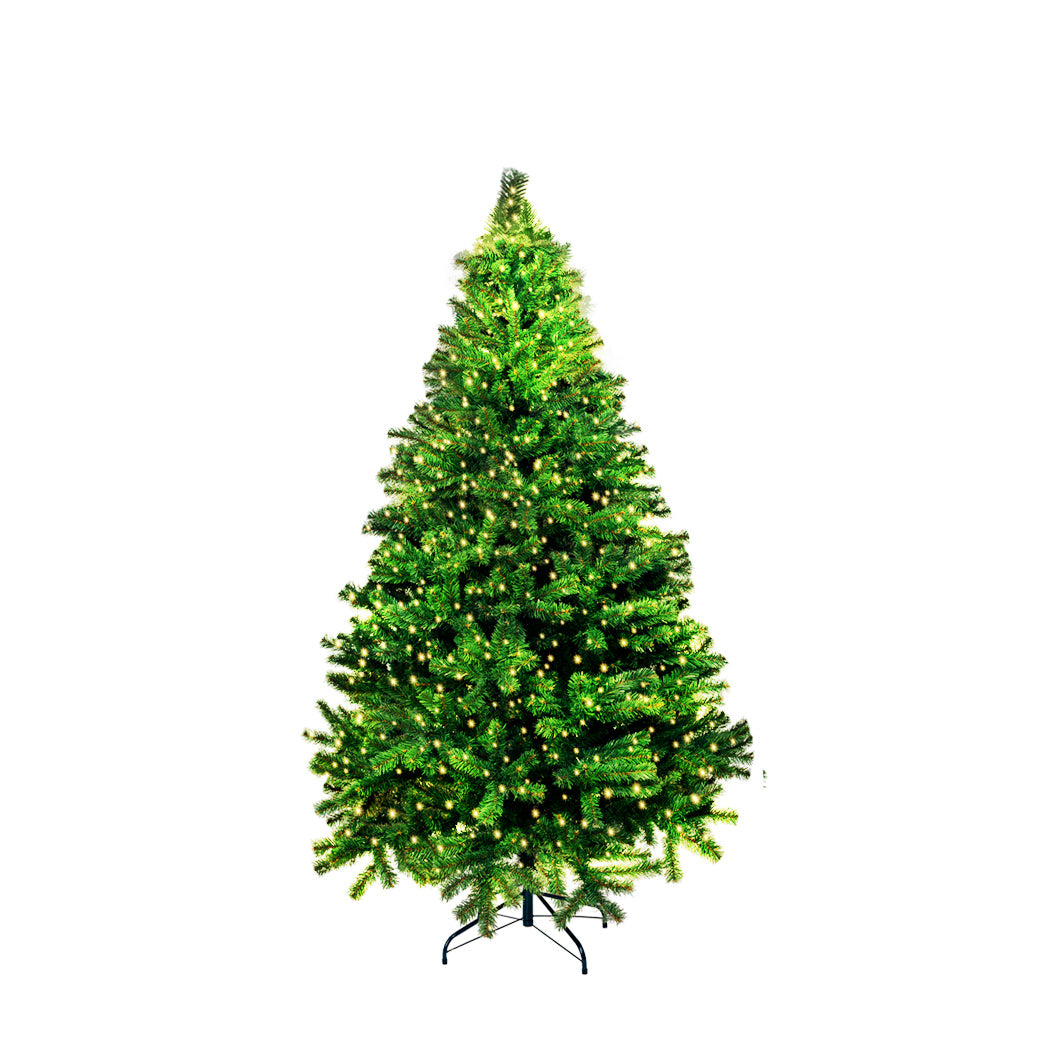 SANTACO 2.1M Christmas Tree with warm LED lights, showcasing realistic PVC pine needles and a stable steel base, perfect for holiday decor.