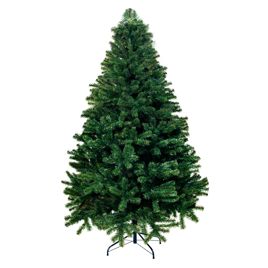 SANTACO 2.1M Christmas Tree with warm LED lights, showcasing realistic PVC pine needles and a stable steel base, perfect for holiday decor.