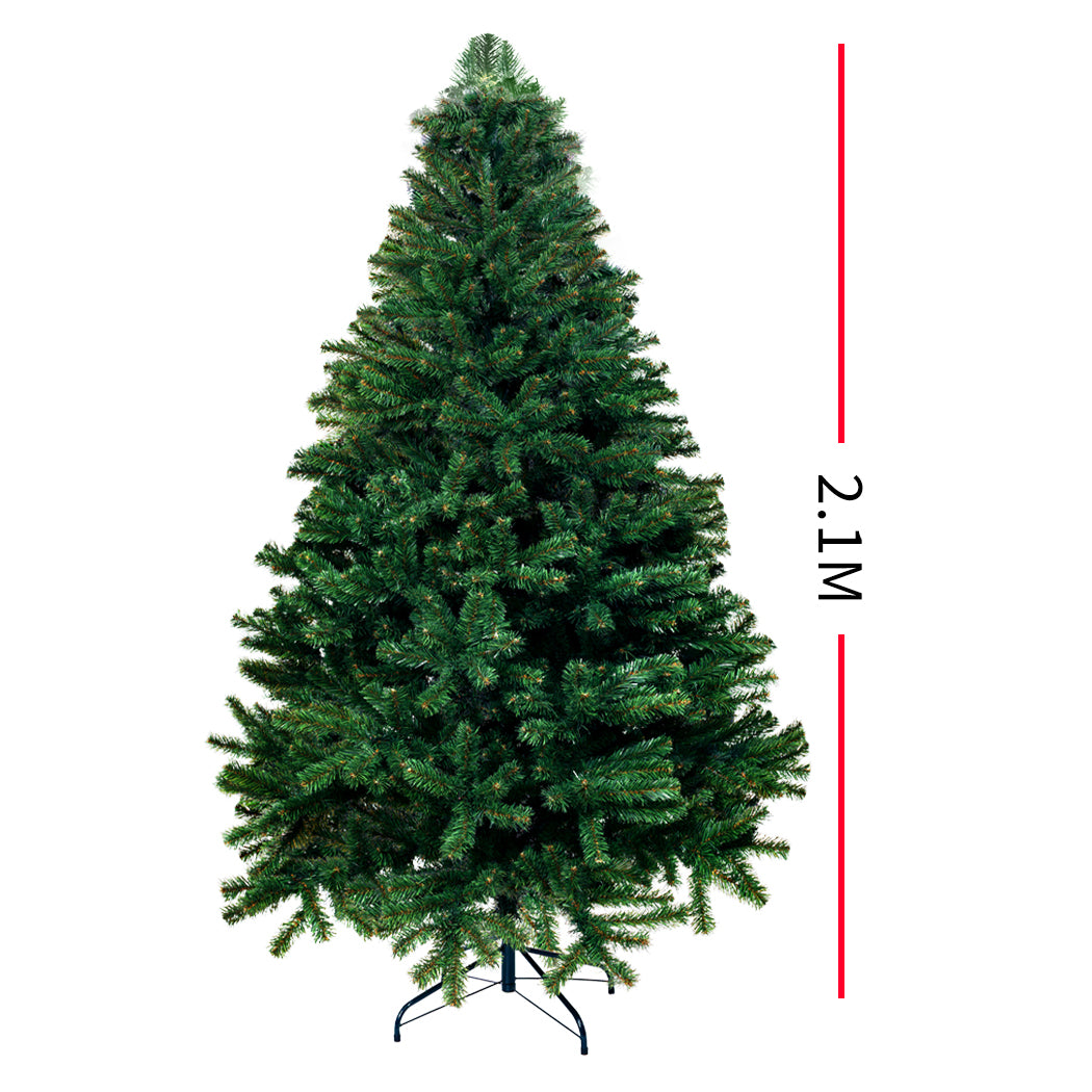 SANTACO 2.1M Christmas Tree with warm LED lights, showcasing realistic PVC pine needles and a stable steel base, perfect for holiday decor.