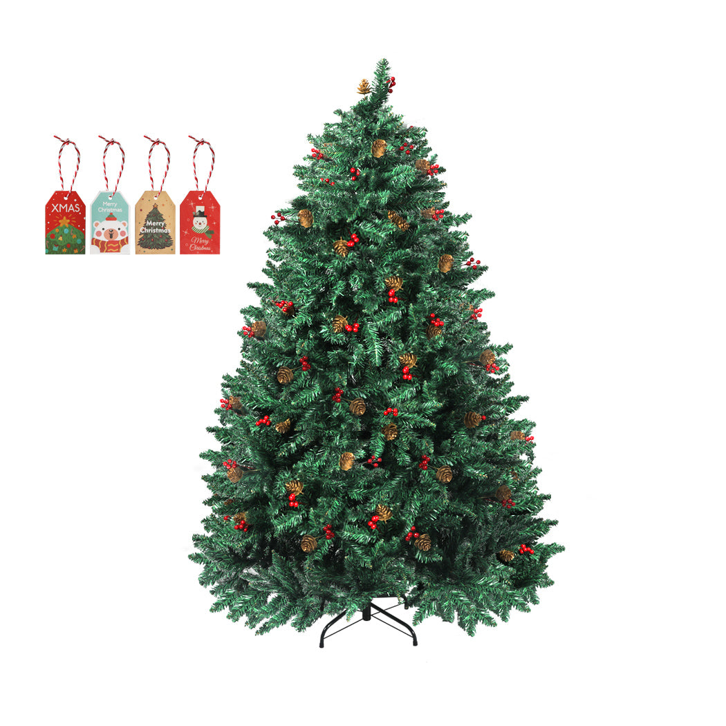 Santaco 2.4M Christmas Tree decorated with pinecones and berries, showcasing realistic foliage and a sturdy steel base.