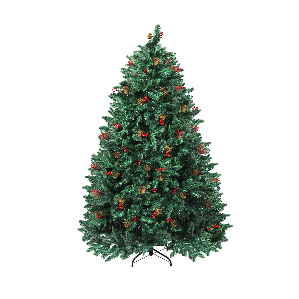 Santaco 2.4M Christmas Tree decorated with pinecones and berries, showcasing realistic foliage and a sturdy steel base.