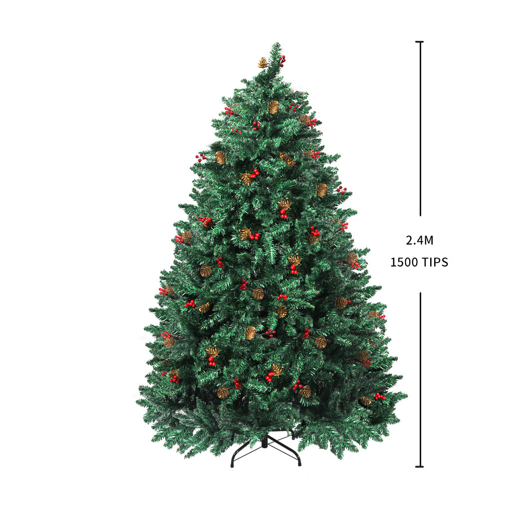 Santaco 2.4M Christmas Tree decorated with pinecones and berries, showcasing realistic foliage and a sturdy steel base.