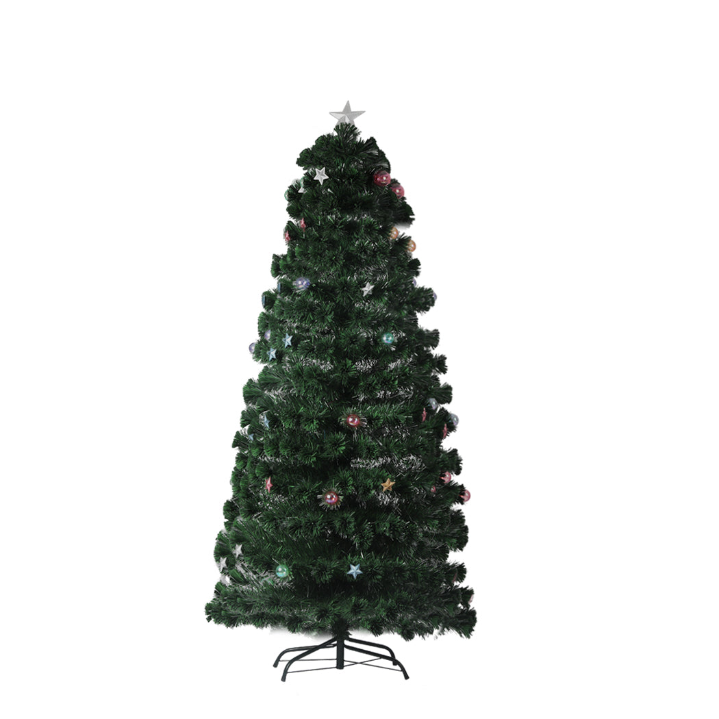 SANTACO 2.4M Christmas Tree with fibre optic lights and decorations, showcasing realistic PVC pine needles and a stable steel base.