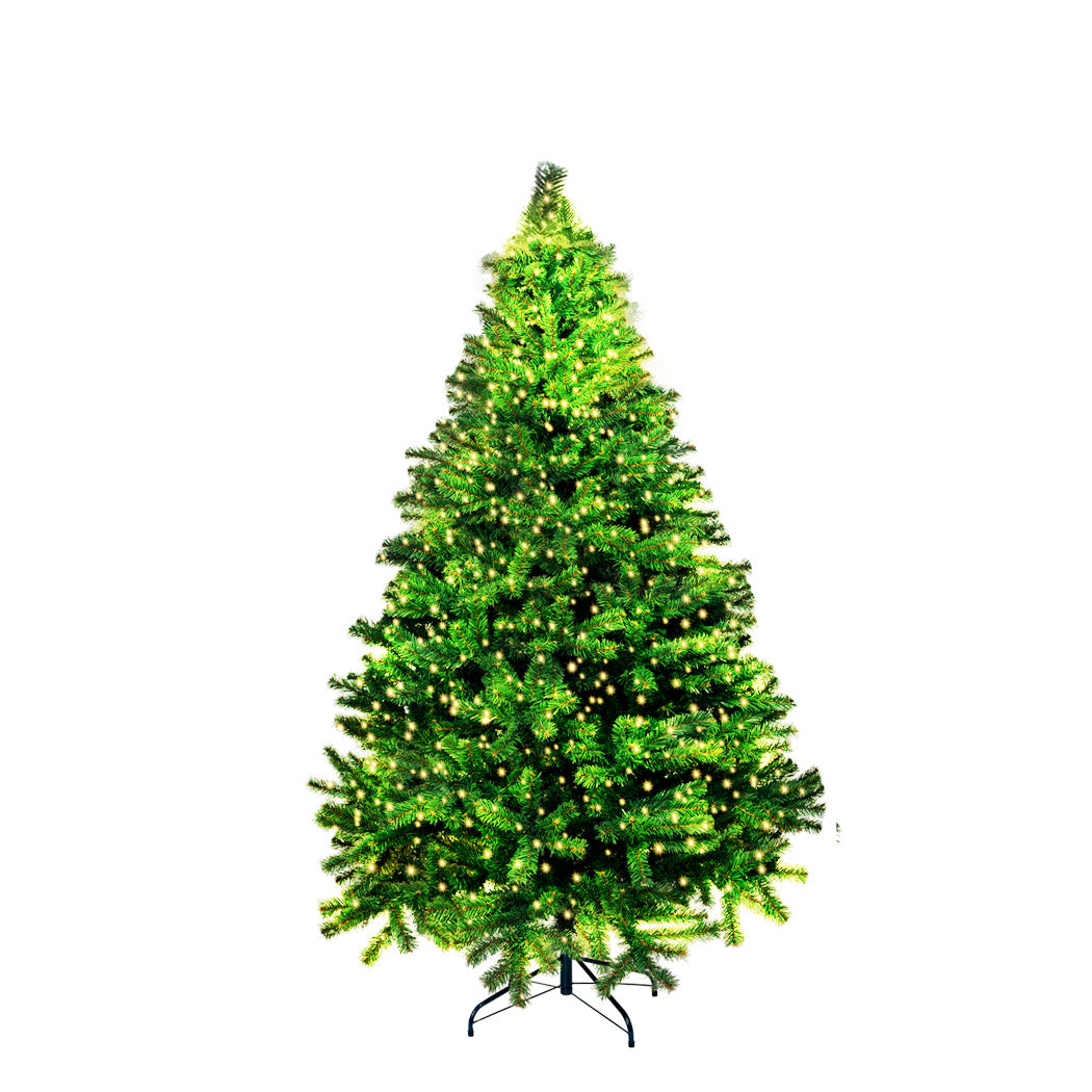 SANTACO 2.4M Christmas Tree with warm LED lights, showcasing realistic PVC pine needles and a stable steel base, perfect for holiday decor.