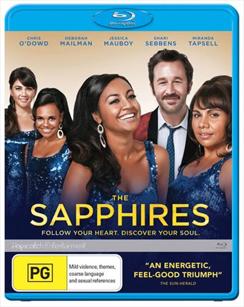 Blu-ray cover of The Sapphires featuring four Aboriginal sisters in vibrant 1960s attire, symbolizing music and friendship.