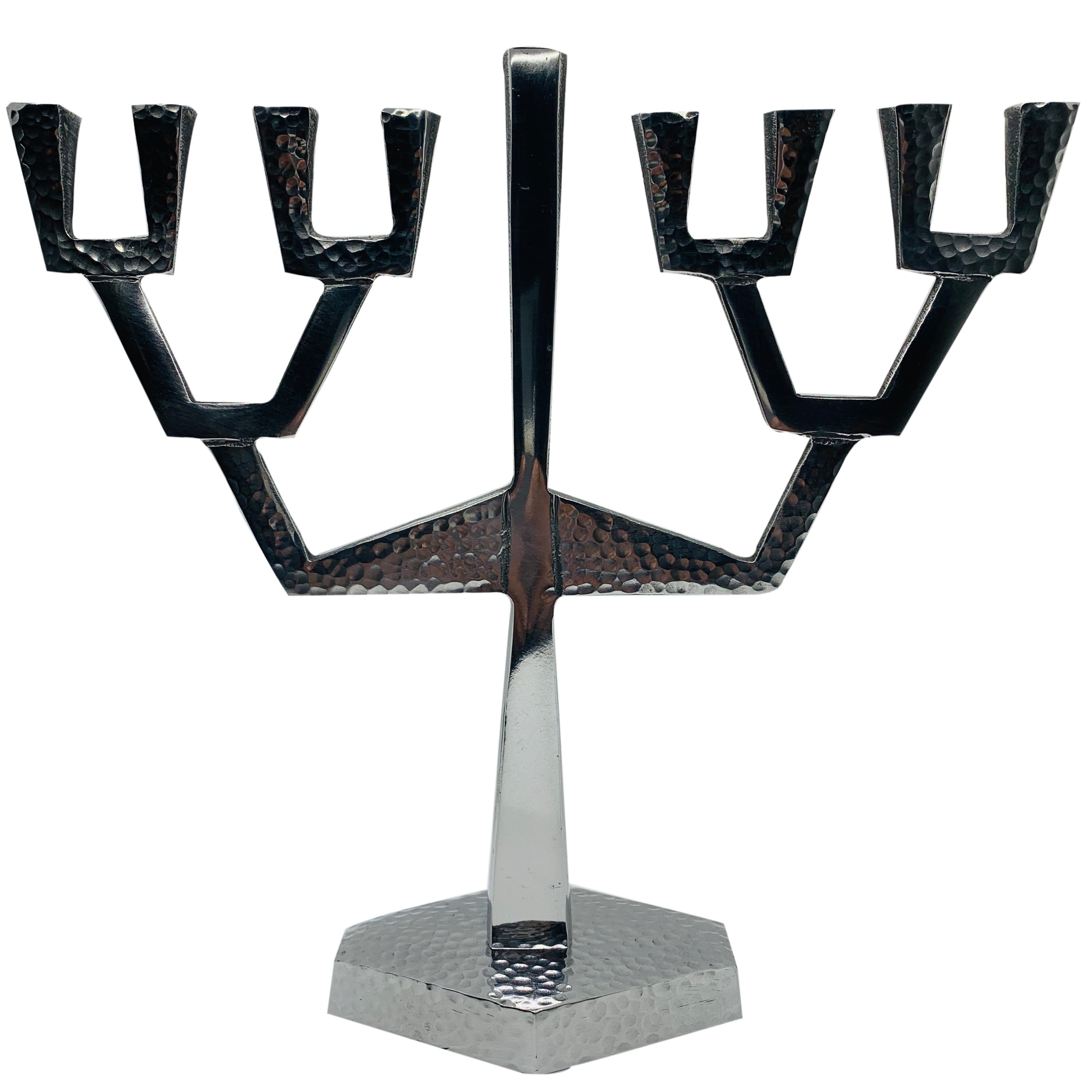 A modern Sapling Menorah inspired by tree branches, made of aluminum with a shiny nickel finish, standing 9.5 inches tall.