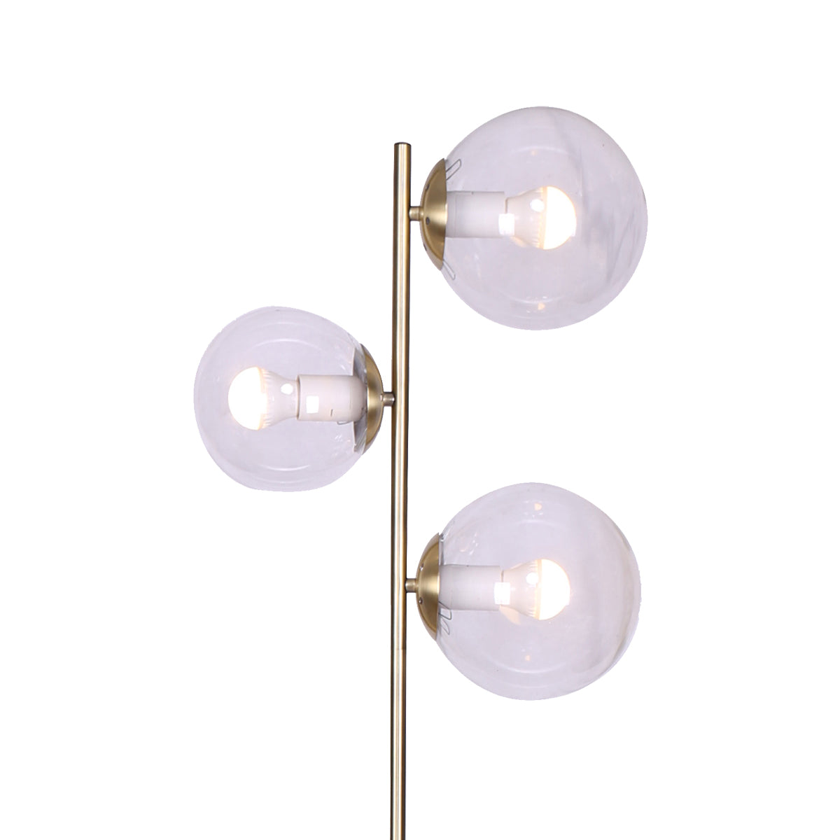 Sarantino 3-Light Gold Metal Floor Lamp with elegant glass shades, showcasing adjustable lamp heads and a stylish design.