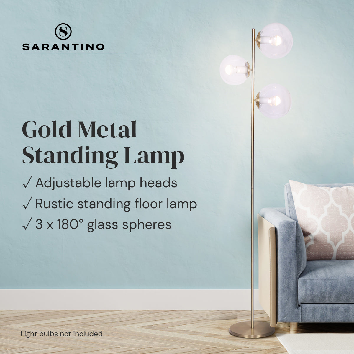 Sarantino 3-Light Gold Metal Floor Lamp with elegant glass shades, showcasing adjustable lamp heads and a stylish design.