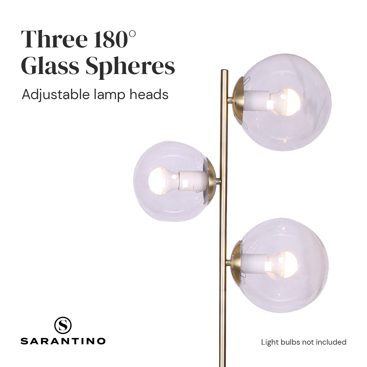 Sarantino 3-Light Gold Metal Floor Lamp with elegant glass shades, showcasing adjustable lamp heads and a stylish design.