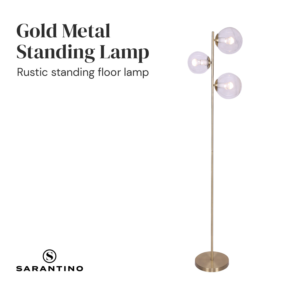 Sarantino 3-Light Gold Metal Floor Lamp with elegant glass shades, showcasing adjustable lamp heads and a stylish design.