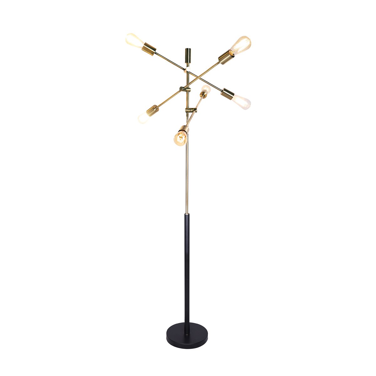 Sarantino 6-Light Metal Sputnik Floor Lamp with adjustable arms and antique brass finish, elegantly illuminating a modern living space.