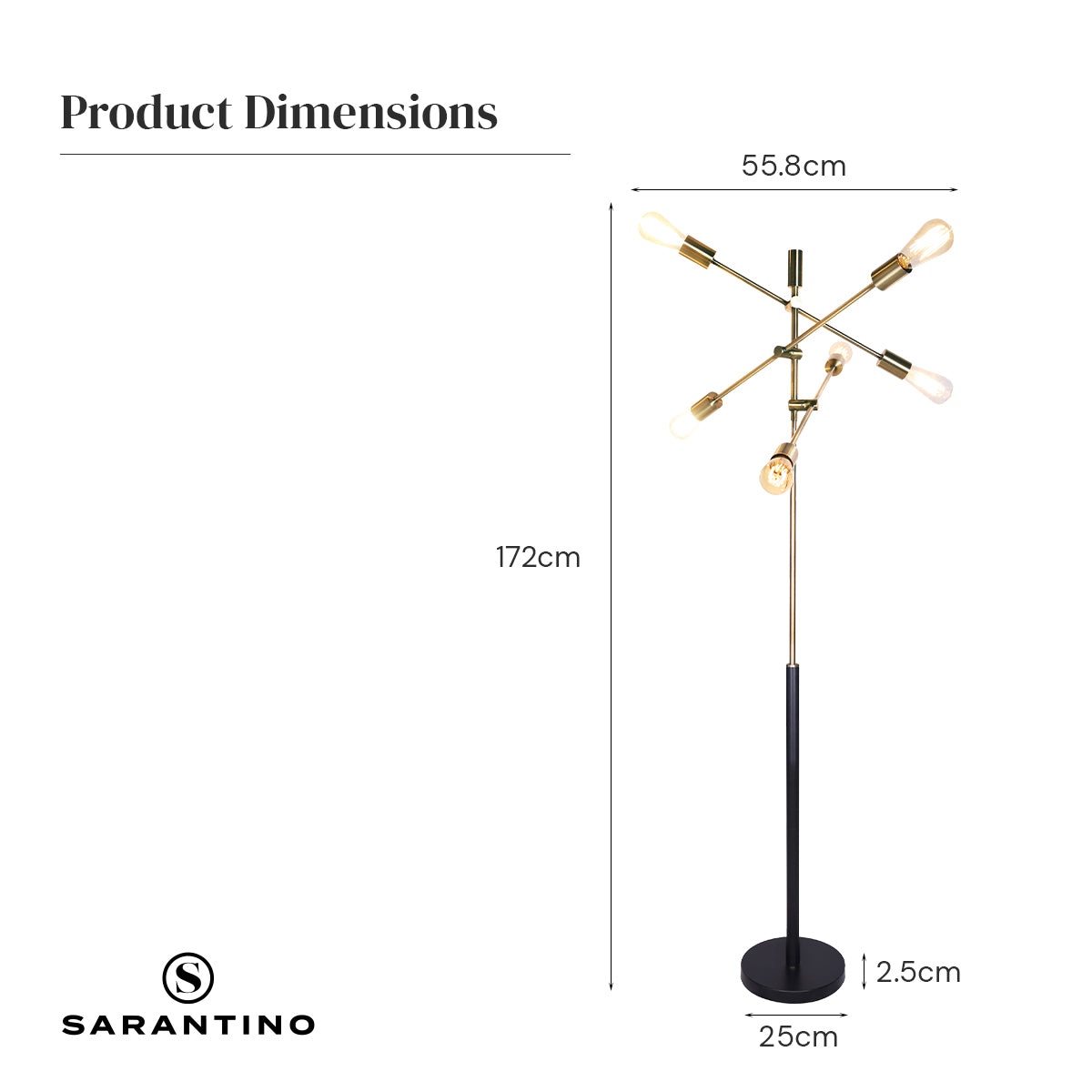 Sarantino 6-Light Metal Sputnik Floor Lamp with adjustable arms and antique brass finish, elegantly illuminating a modern living space.