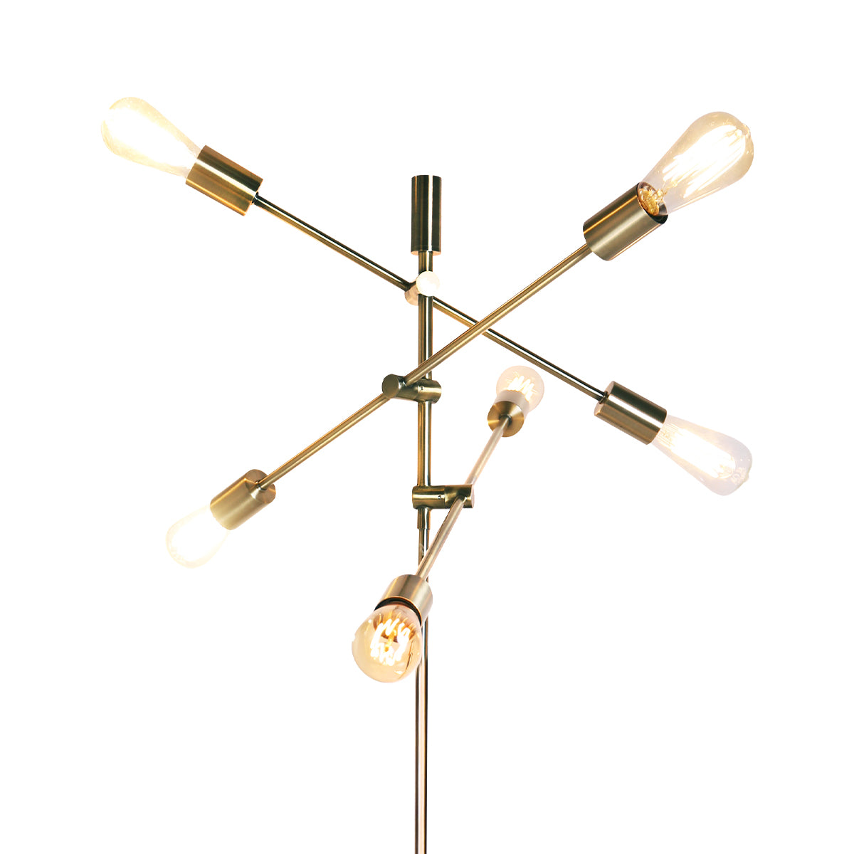 Sarantino 6-Light Metal Sputnik Floor Lamp with adjustable arms and antique brass finish, elegantly illuminating a modern living space.