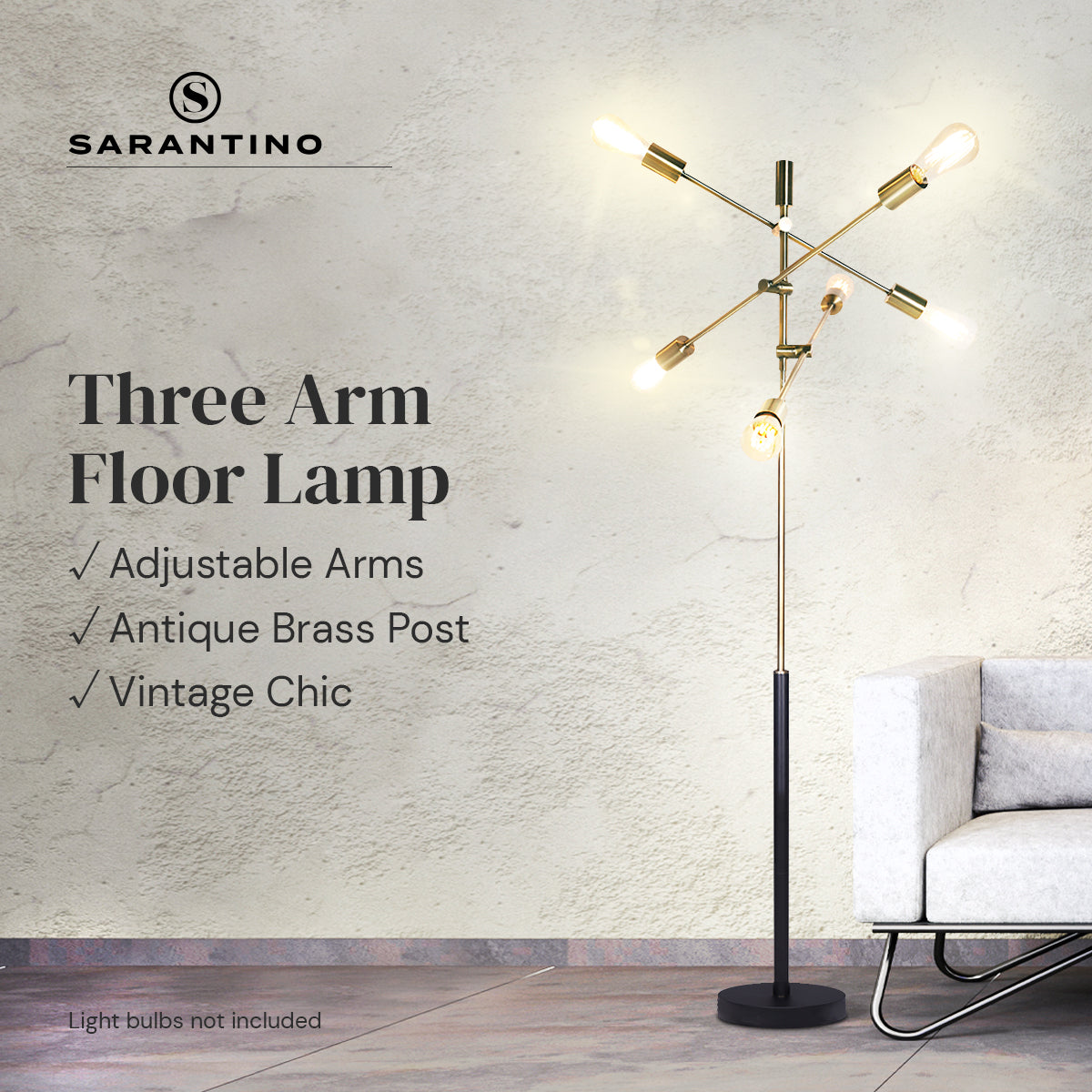 Sarantino 6-Light Metal Sputnik Floor Lamp with adjustable arms and antique brass finish, elegantly illuminating a modern living space.