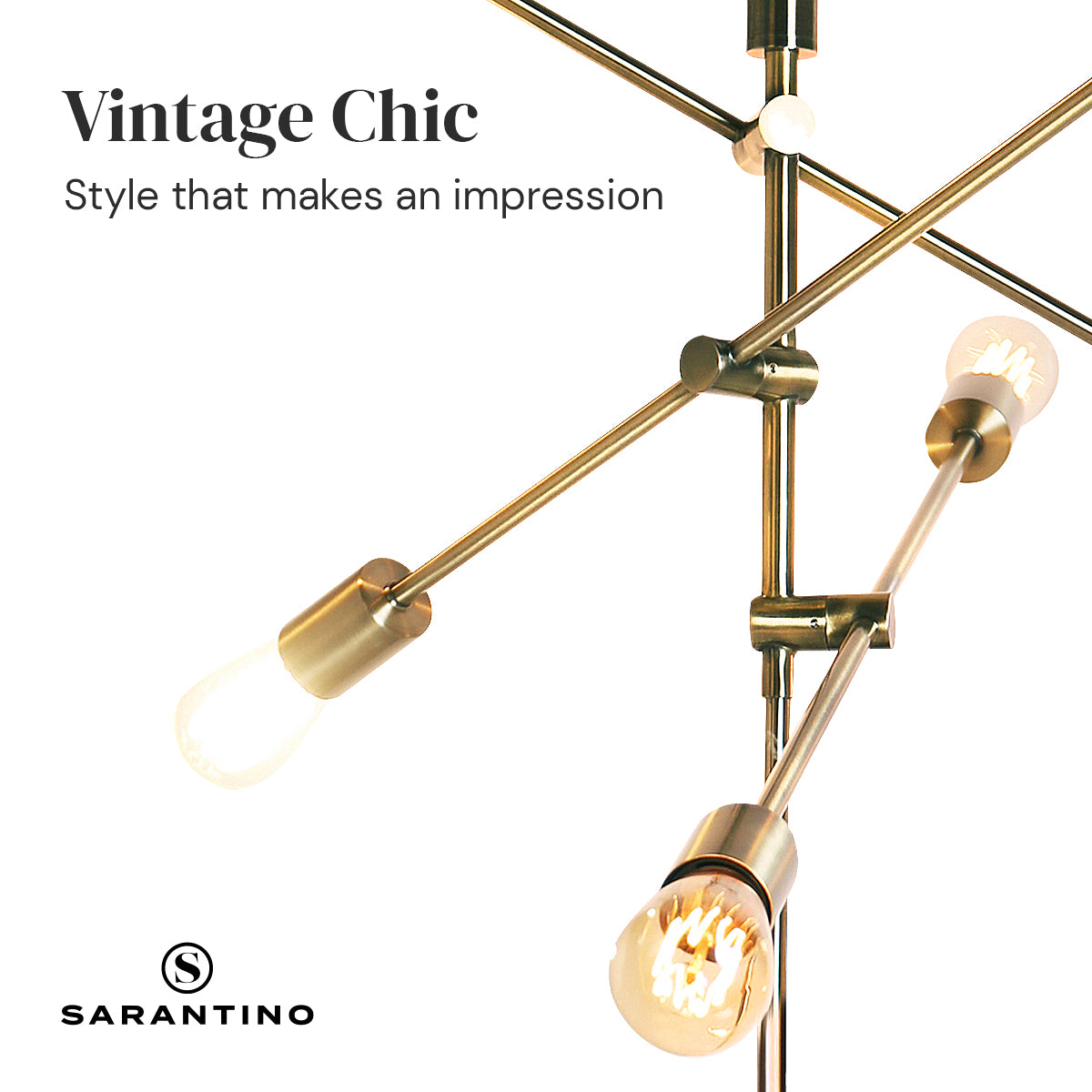 Sarantino 6-Light Metal Sputnik Floor Lamp with adjustable arms and antique brass finish, elegantly illuminating a modern living space.