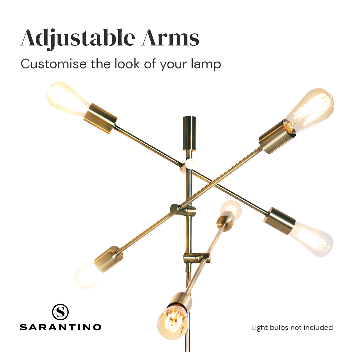 Sarantino 6-Light Metal Sputnik Floor Lamp with adjustable arms and antique brass finish, elegantly illuminating a modern living space.