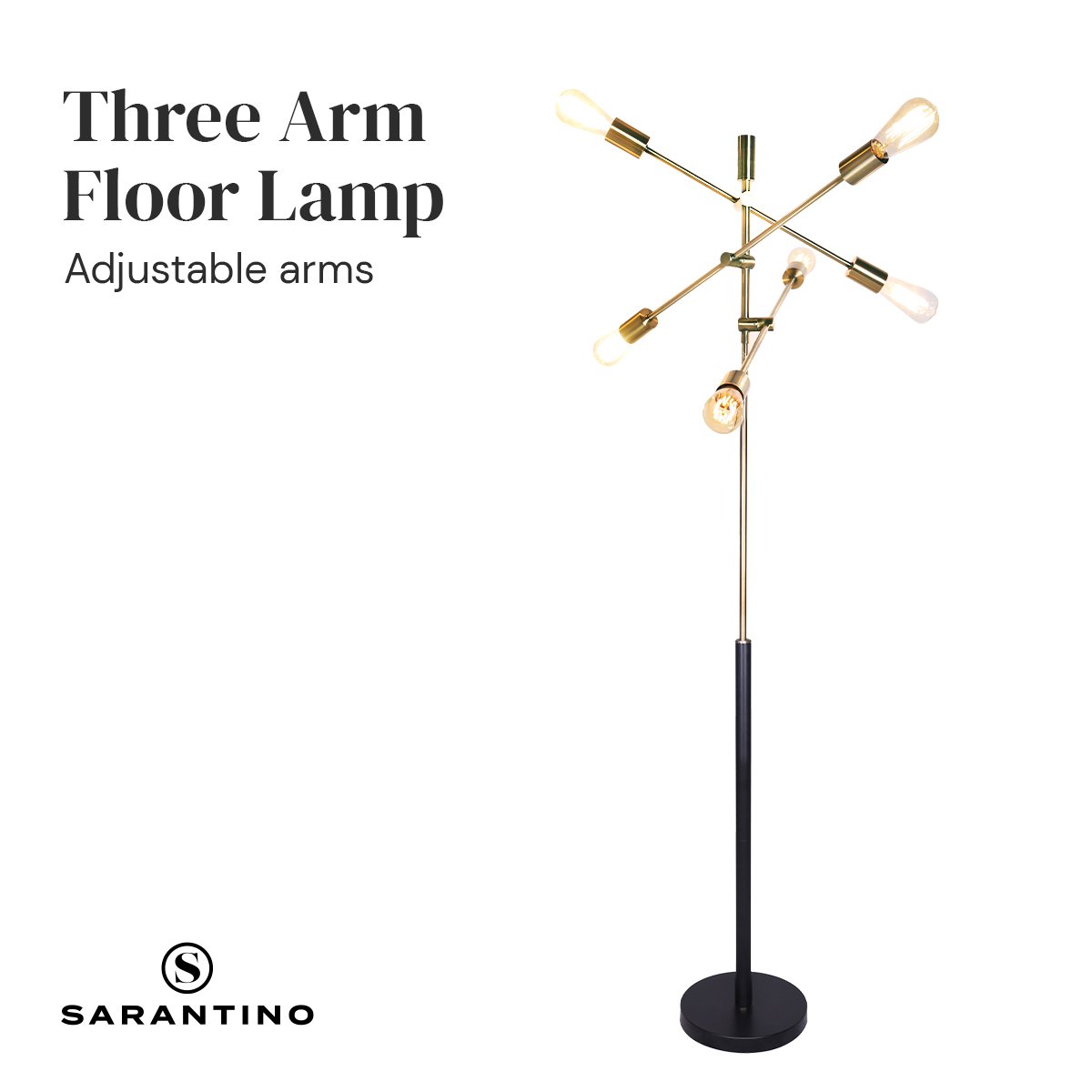 Sarantino 6-Light Metal Sputnik Floor Lamp with adjustable arms and antique brass finish, elegantly illuminating a modern living space.