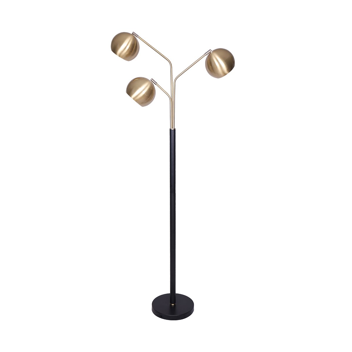 Sarantino Adjustable 3-Arm Arc Lamp with brushed gold finish and matte black base, showcasing three adjustable shade arms.