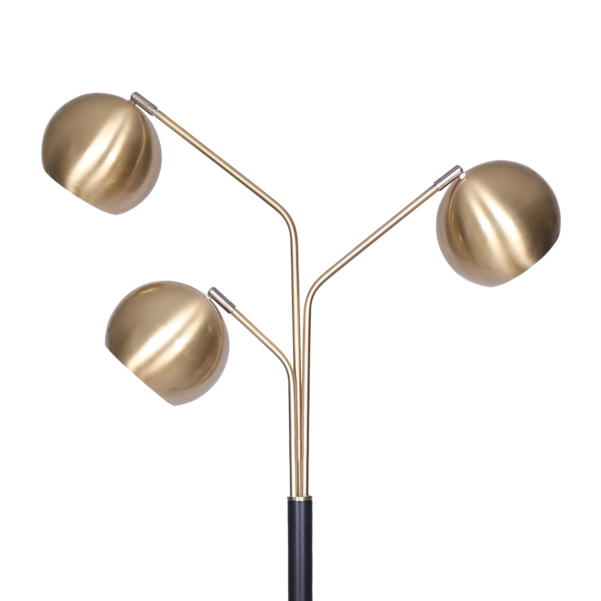 Sarantino Adjustable 3-Arm Arc Lamp with brushed gold finish and matte black base, showcasing three adjustable shade arms.