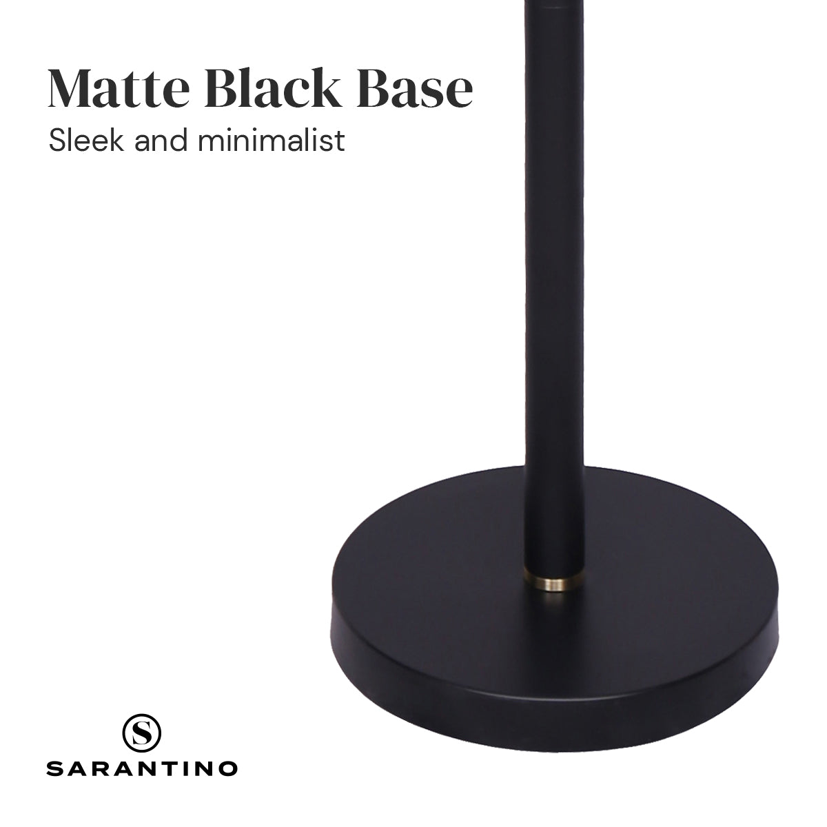 Sarantino Adjustable 3-Arm Arc Lamp with brushed gold finish and matte black base, showcasing three adjustable shade arms.