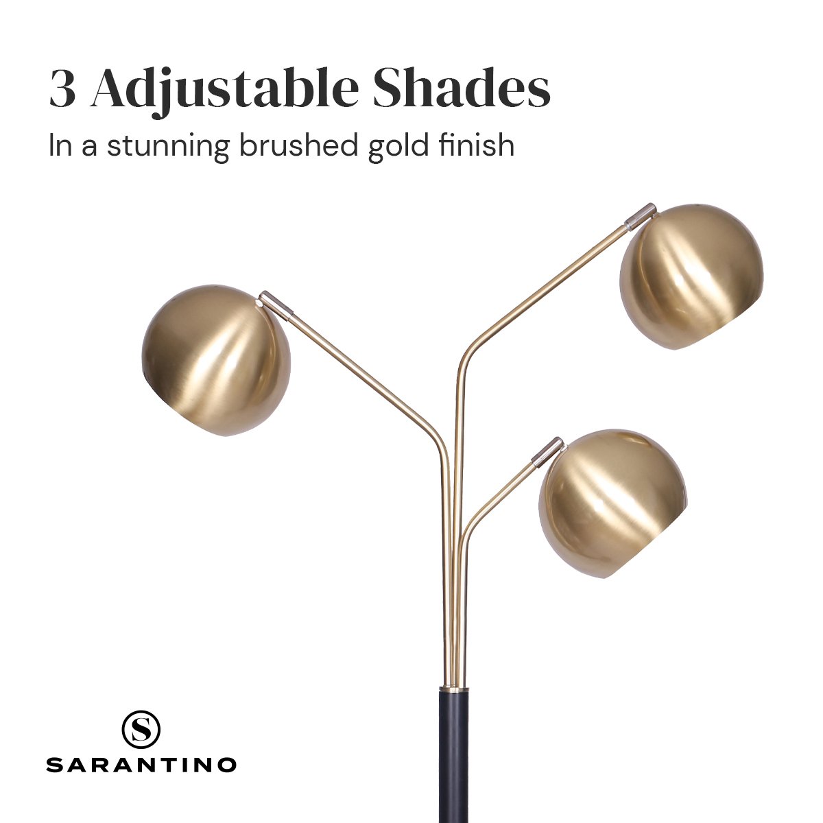 Sarantino Adjustable 3-Arm Arc Lamp with brushed gold finish and matte black base, showcasing three adjustable shade arms.